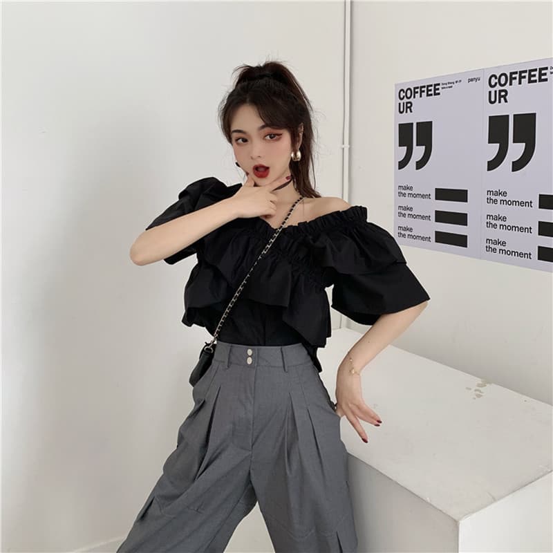 프랑스 soeur bkac 프랑스식 여름 패션 프릴 오프숄더 셔츠 Chic 오프숄더 V넥 맨위 여성 상세 이미지 14