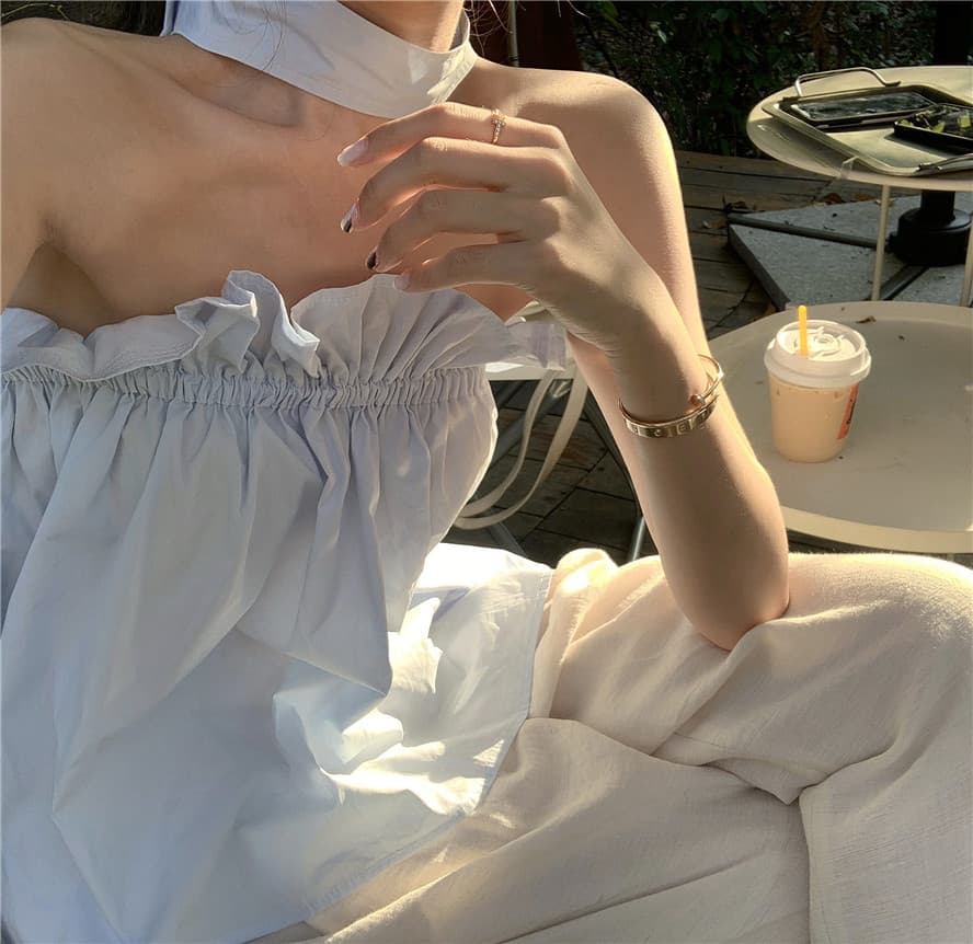 휴가 바람 프랑스식 이슬 쇄골 chic 오프숄더 행침 목 맨위 여성 여름 고급 센스 오프숄더 인터넷 유명인 민소매 티셔츠 상세 이미지 11