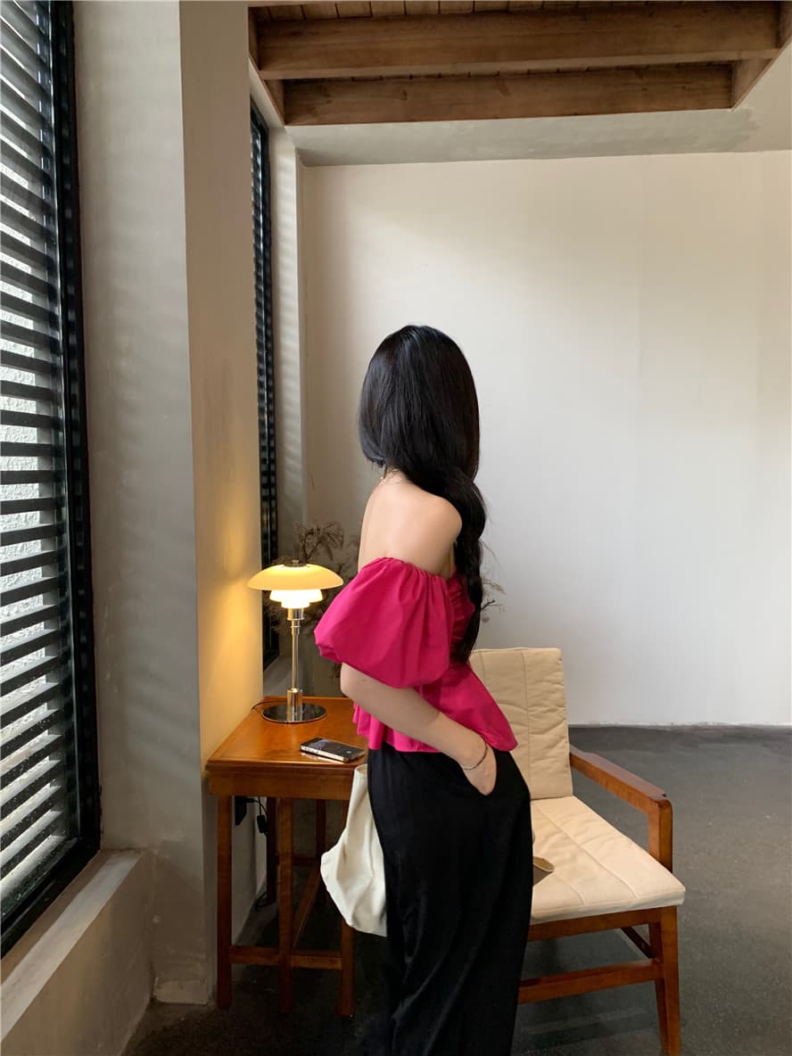로즈 레드 튜브탑 핫걸 오프숄더 맨위 여성 여름 작은 대중 Chic 아름다운 오프숄더 프랑스식 거품 소매 셔츠 상세 이미지 6