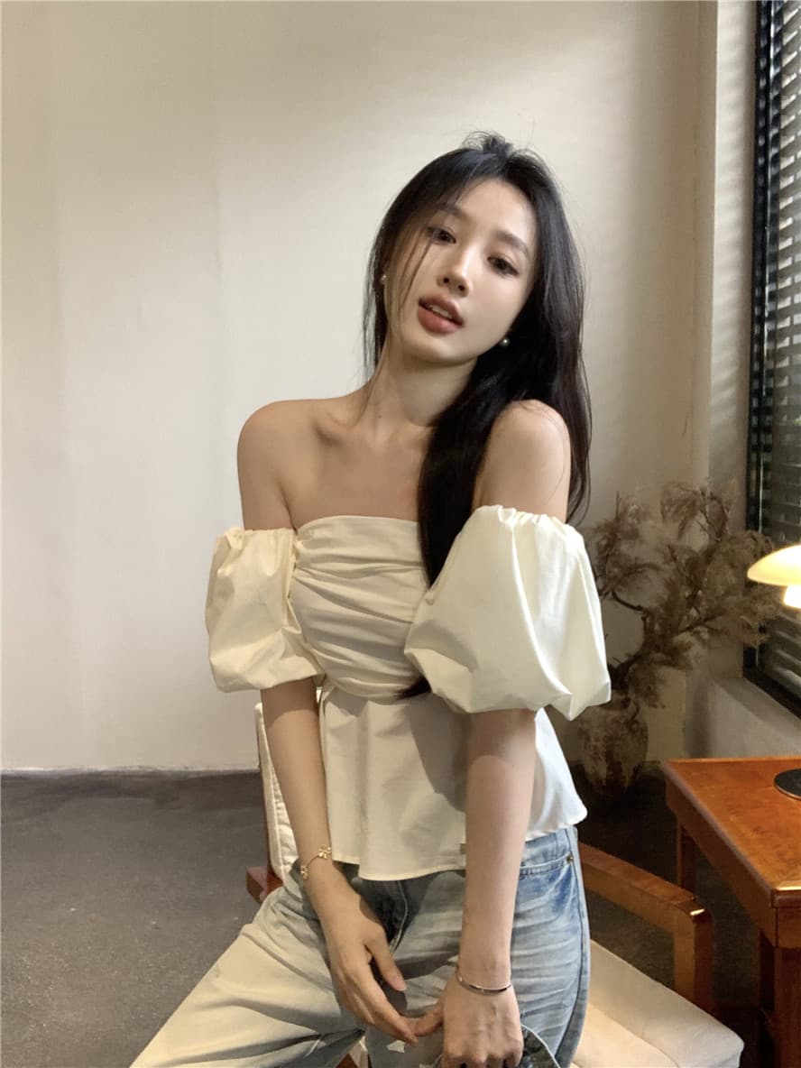 한국 chic 여름 디자인 센스 작은 대중 거품 소매 오프숄더 튜브탑 맨위 프랑스식 레트로 쇼트 스타일 셔츠 여성 상세 이미지 40