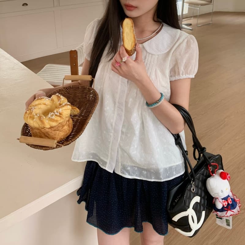 페페 홈 한 부서 달콤함 반팔 맨위 여성 흰 셔츠 베이비 칼라 여름 거품 소매 슬림해 보이는 연령 감소 Chic 작은 셔츠 상세 이미지 6