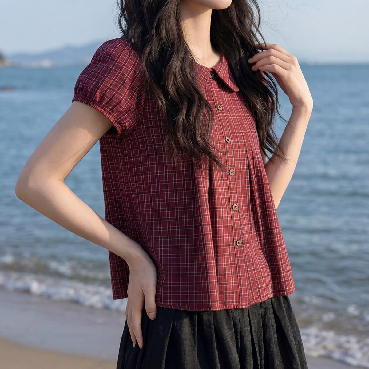 다시 레인 크랜베리 휴일 베이비 칼라 레트로 체크무늬 셔츠 루즈핏 캐주얼 슬림해 보이는 반팔 2026 여름 새로운 이미지 4