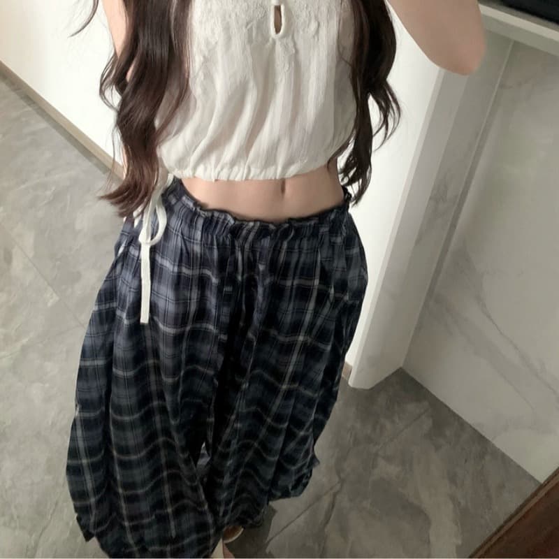 ceezzzi 에어로빅 배기 바지 체크무늬 와이드 레깅스 바지 여름 얇은 스타일 주머니 디자인 루즈핏 캐주얼 워크웨어 팬츠 이미지 5