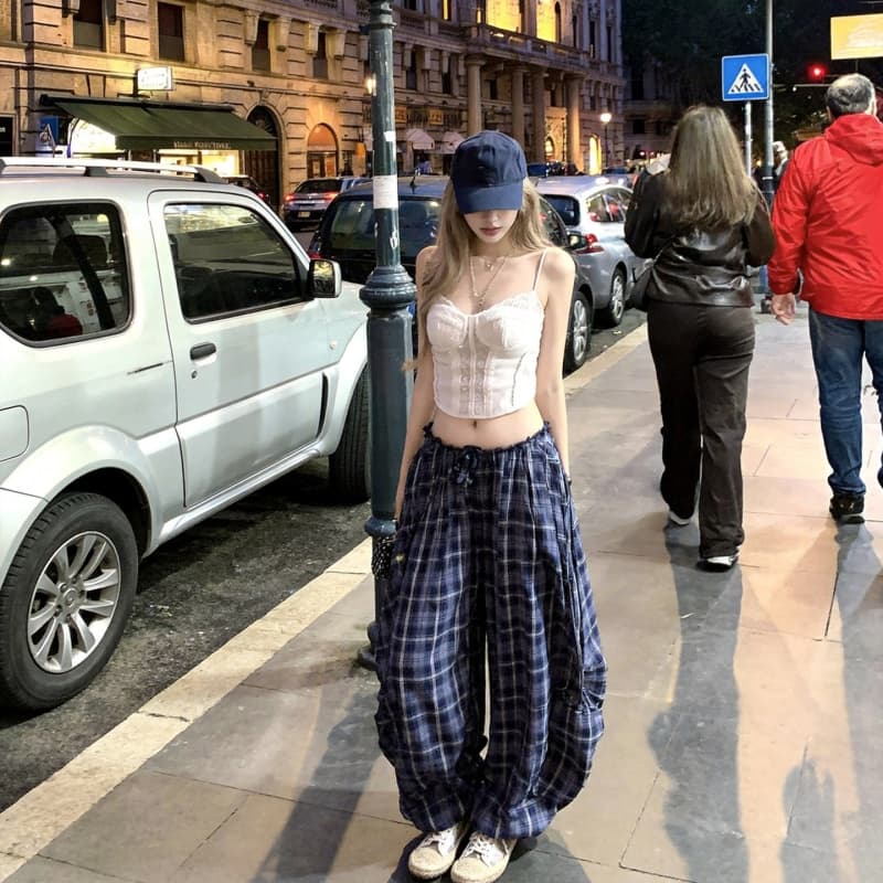 ceezzzi 에어로빅 배기 바지 체크무늬 와이드 레깅스 바지 여름 얇은 스타일 주머니 디자인 루즈핏 캐주얼 워크웨어 팬츠 상세 이미지 3