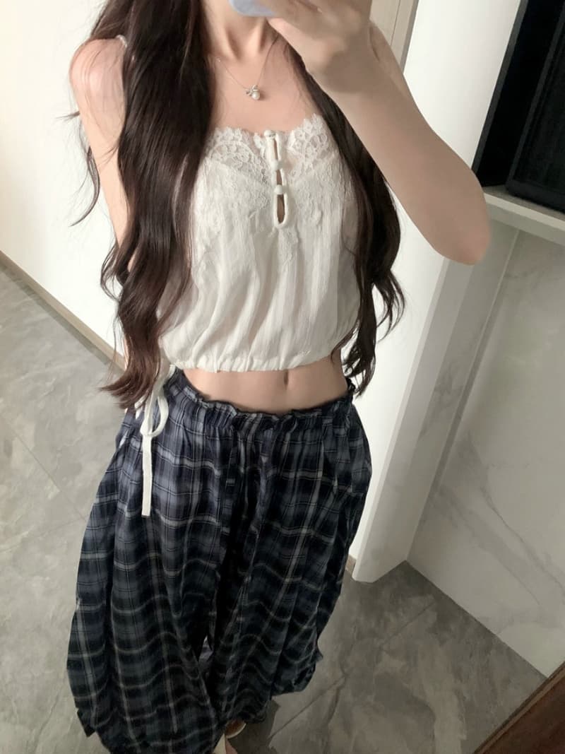 ceezzzi 에어로빅 배기 바지 체크무늬 와이드 레깅스 바지 여름 얇은 스타일 주머니 디자인 루즈핏 캐주얼 워크웨어 팬츠 상세 이미지 5