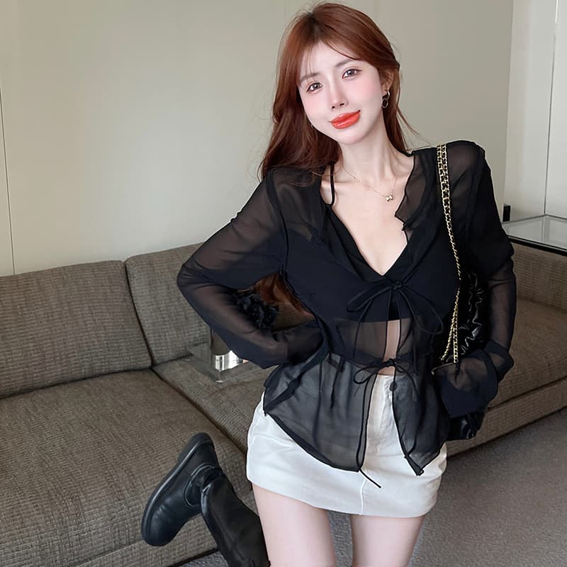 나팔 소매 V넥 마이크로 시스루 망사 맨위 여성 핫걸 루즈핏 얇은 스타일 레이스 업 셔츠 상세 이미지 8