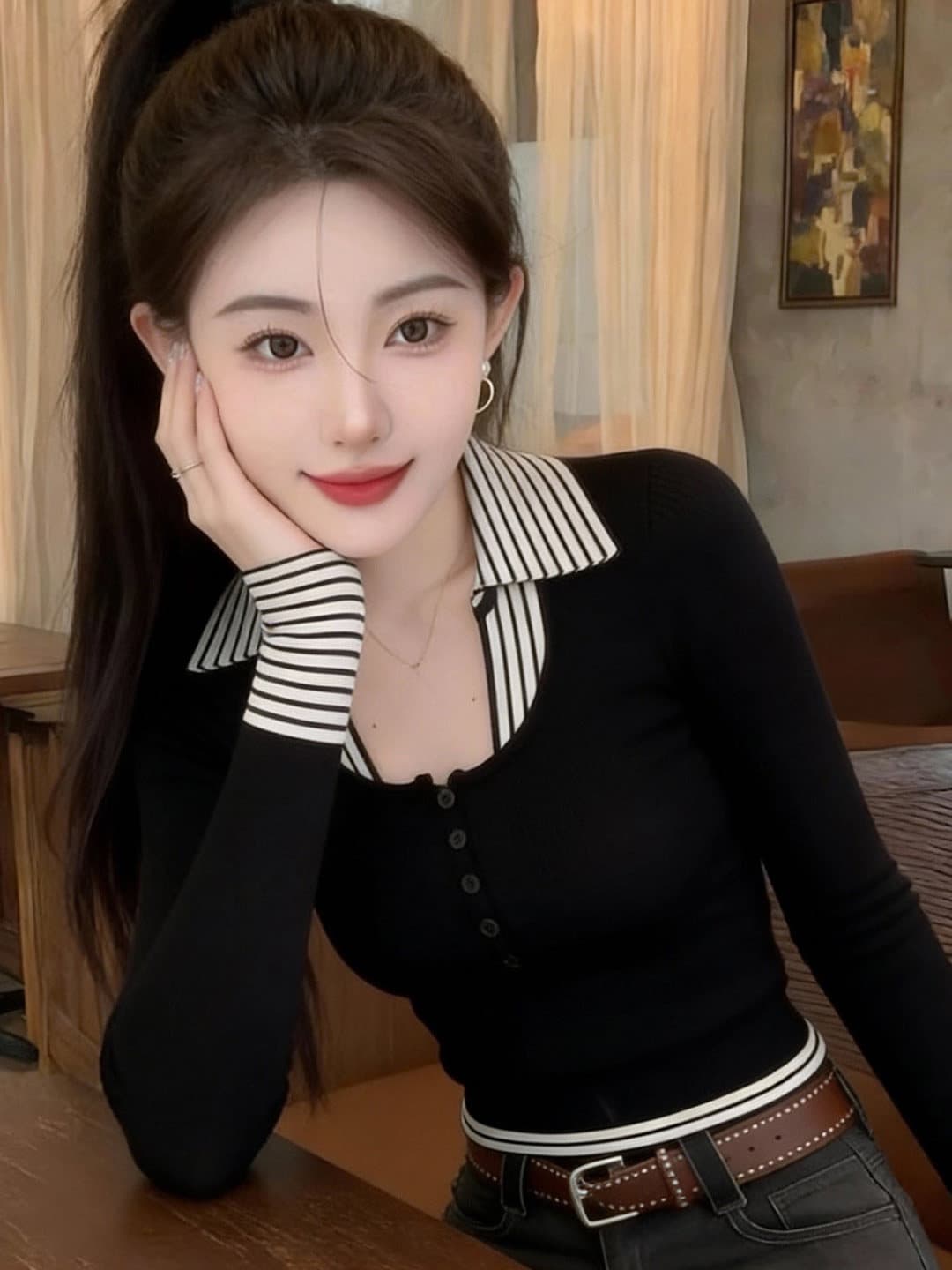 한 부서 2026 이른 봄 검정색 페이크 레이어드 스트라이프 패치워크 니트 스웨터 여성 긴 소매 단추 연령 감소 세련된 맨위 트렌디 상세 이미지 6
