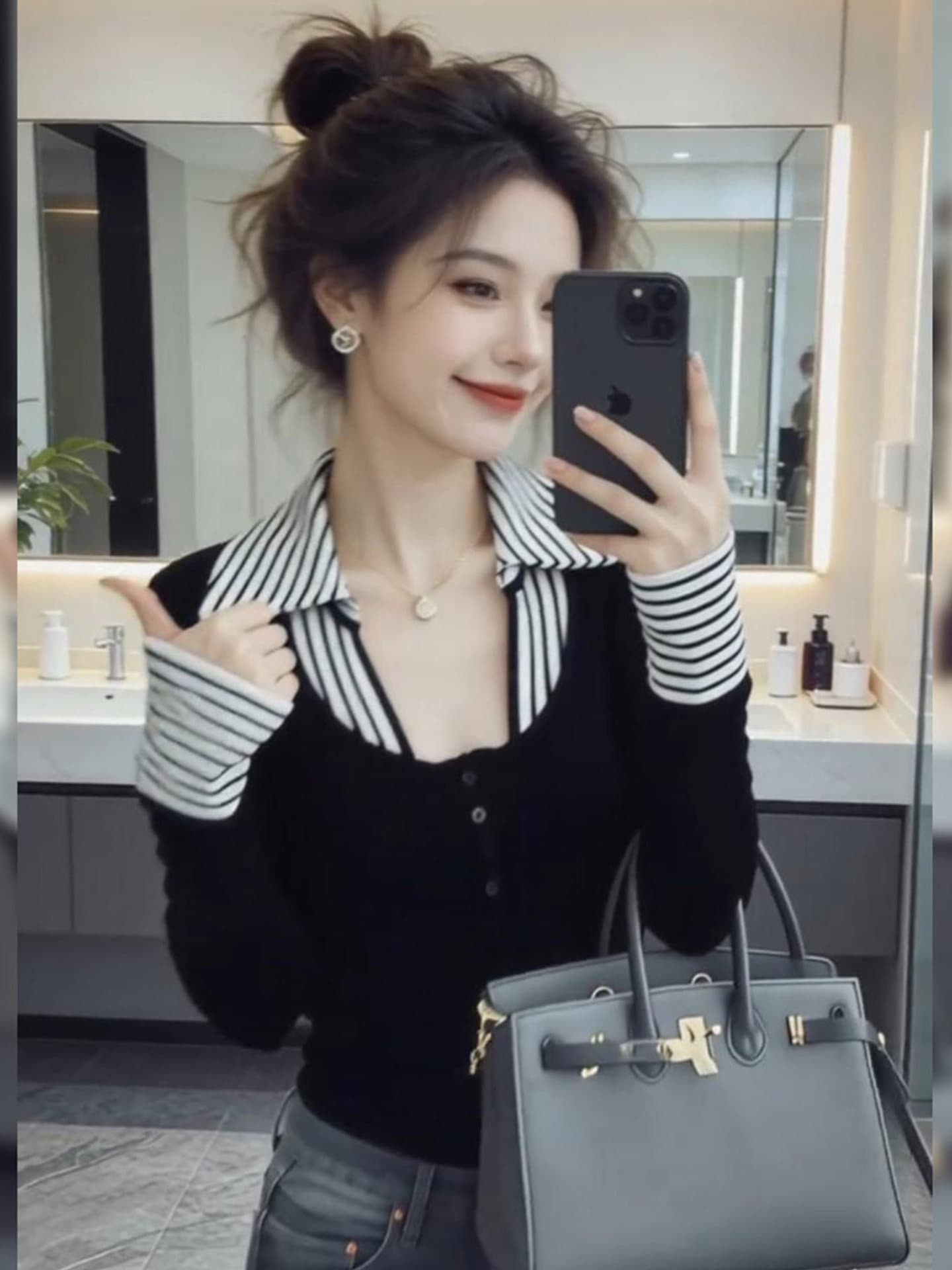 작은 대중 디자인 센스 품격 페이크 레이어드 폴로 칼라 긴팔 맨위 여성 의류 2026 봄 새로운 핫걸 허리 수축 스웨터 상세 이미지 2