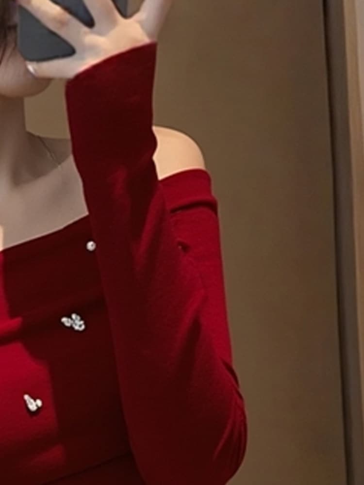 프랑스식 오프숄더 빨간색 스웨터 니트 기본 셔츠 여성 인사이드 가져 가라. 디자인 센스 오프숄더 아름다운 긴팔 맨위 봄 상세 이미지 4