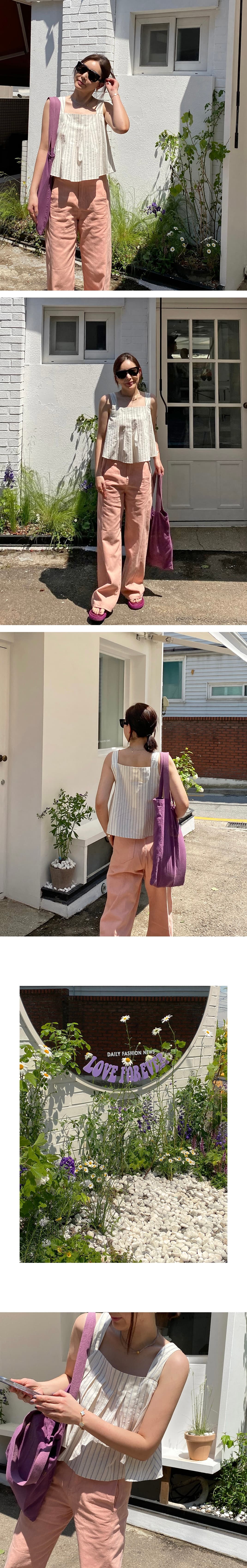 있음 선적 휴가 바람 와이드 어깨끈 주름 스트라이프 슬립 맨위 상세 이미지 3