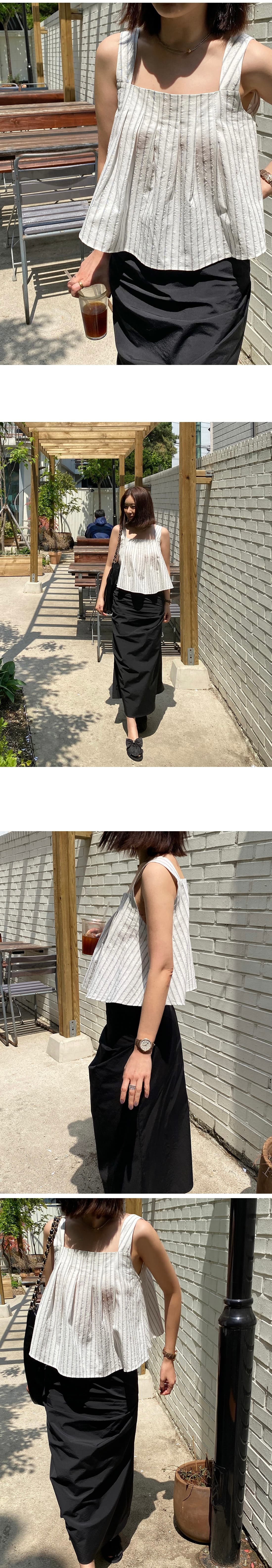 있음 선적 휴가 바람 와이드 어깨끈 주름 스트라이프 슬립 맨위 상세 이미지 4