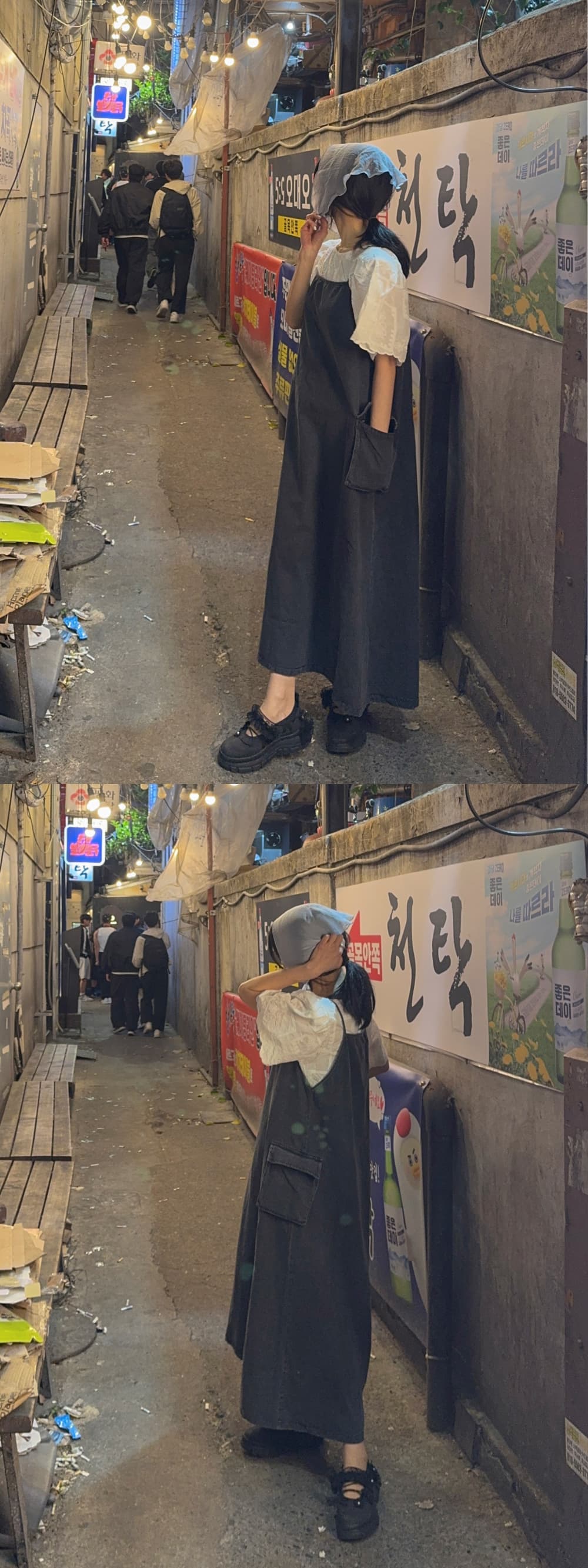 있음 선적 chic 루즈핏 다용도 슬립 빅 포켓 데님 드레스 중간 길이 스커트 상세 이미지 24
