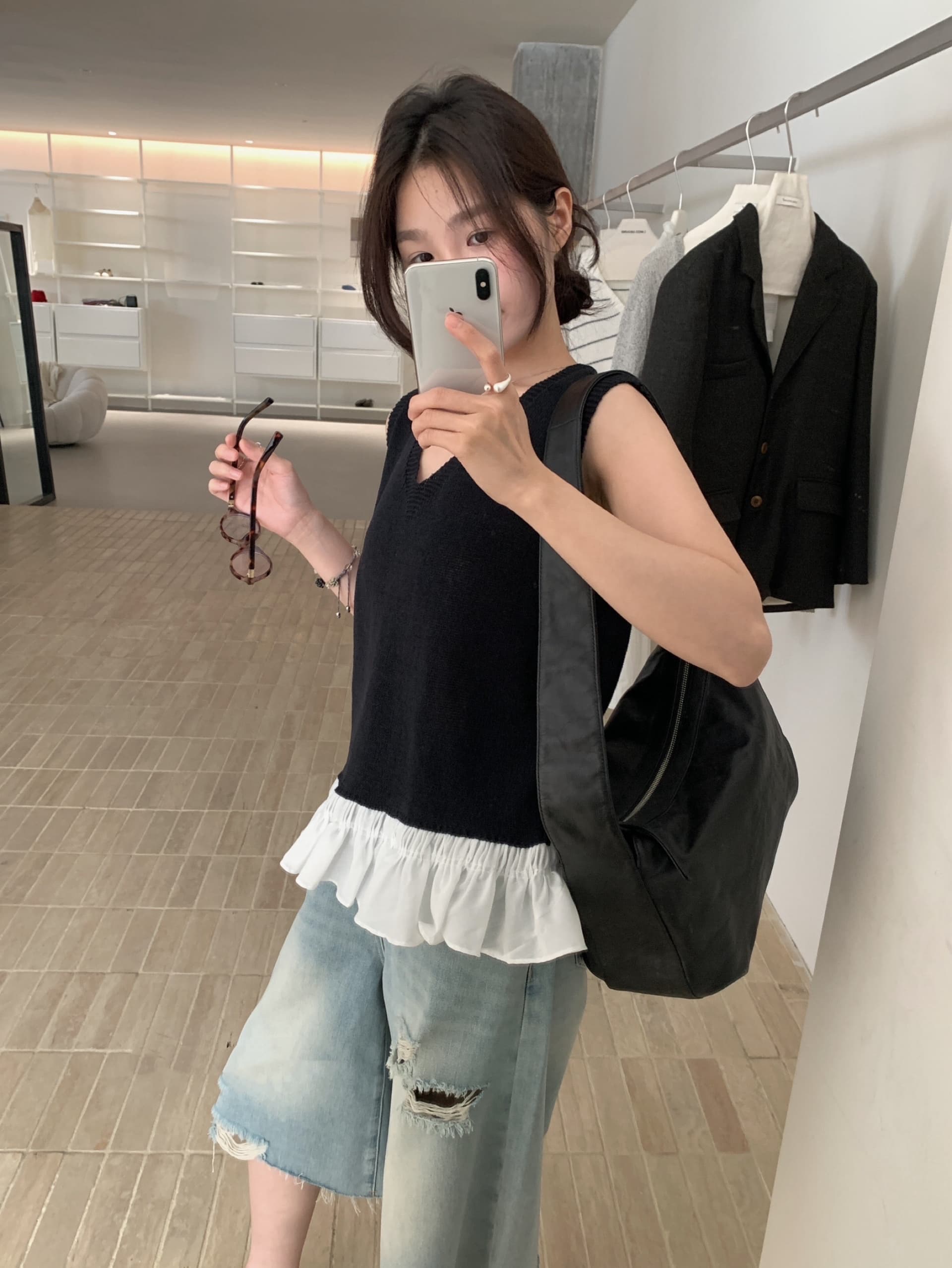 지금 chic 다용도 니트 스웨터 패치워크 V넥 조끼 벨트 포함 상세 이미지 7