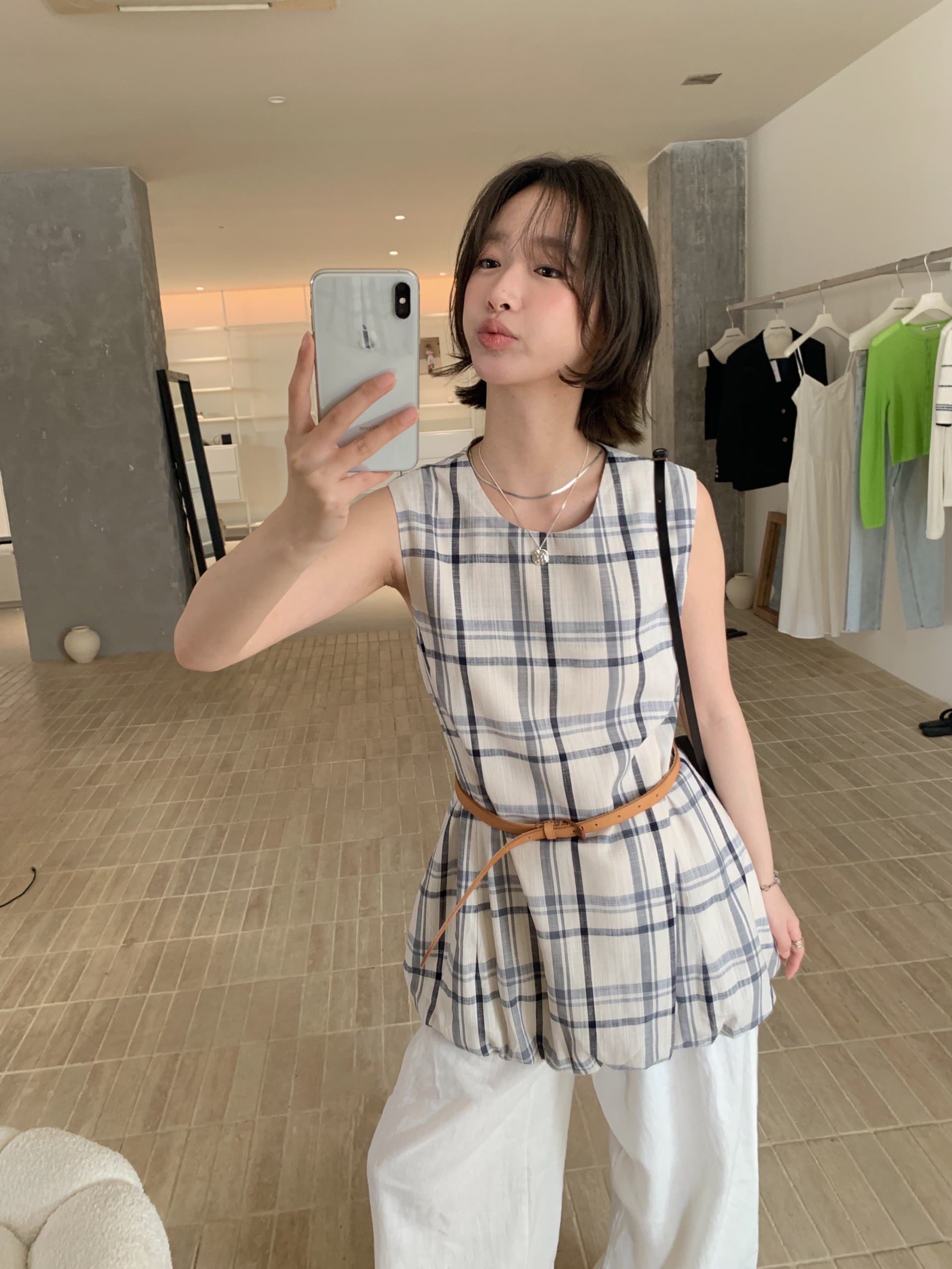 지금 한 부서 고급 센스 체크무늬 스택 착용 롱 코트 조끼 이미지 2