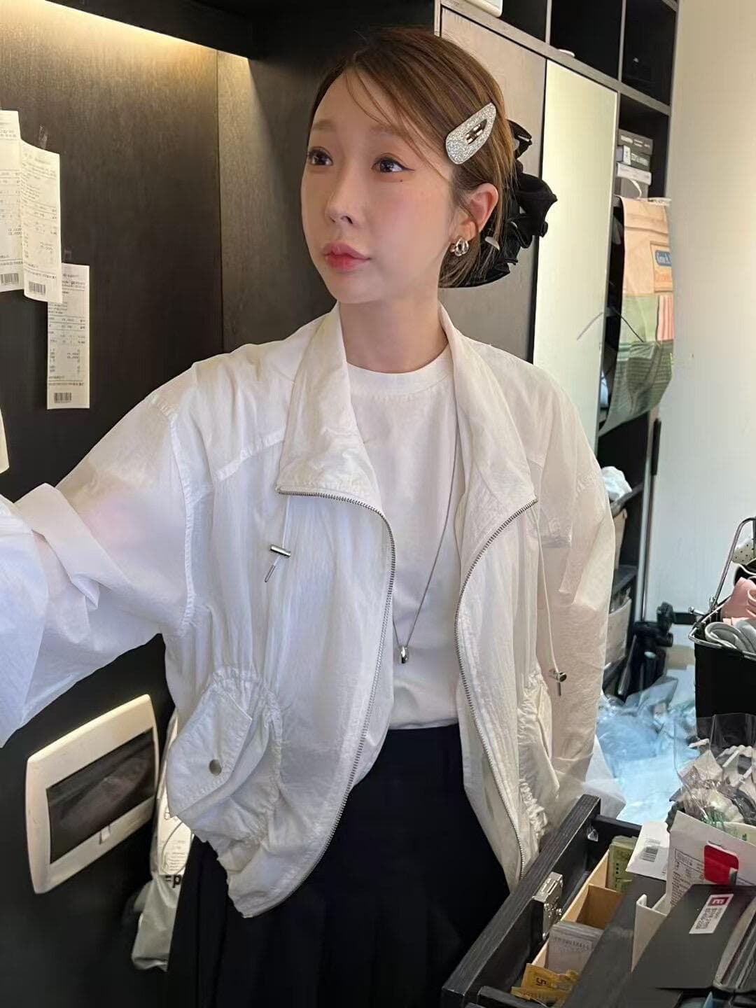 있음 선적 chic 다용도 단색 스탠드 칼라 워크웨어 재킷 자외선 차단 얇은 스타일 긴팔 재킷 이미지 5