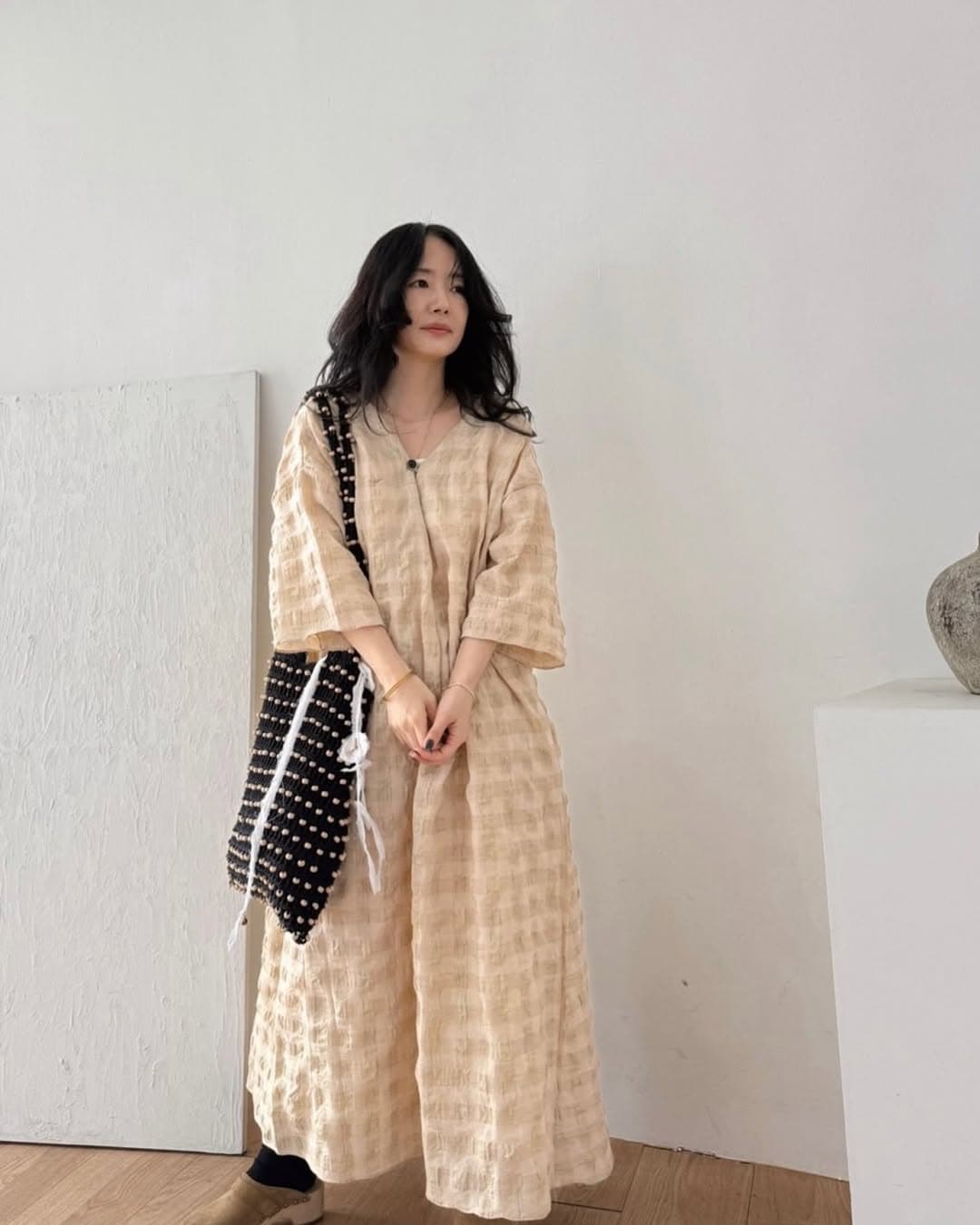 있음 선적 chic 다용도 작은 대중 패션 루즈핏 V넥 체크무늬 드레스