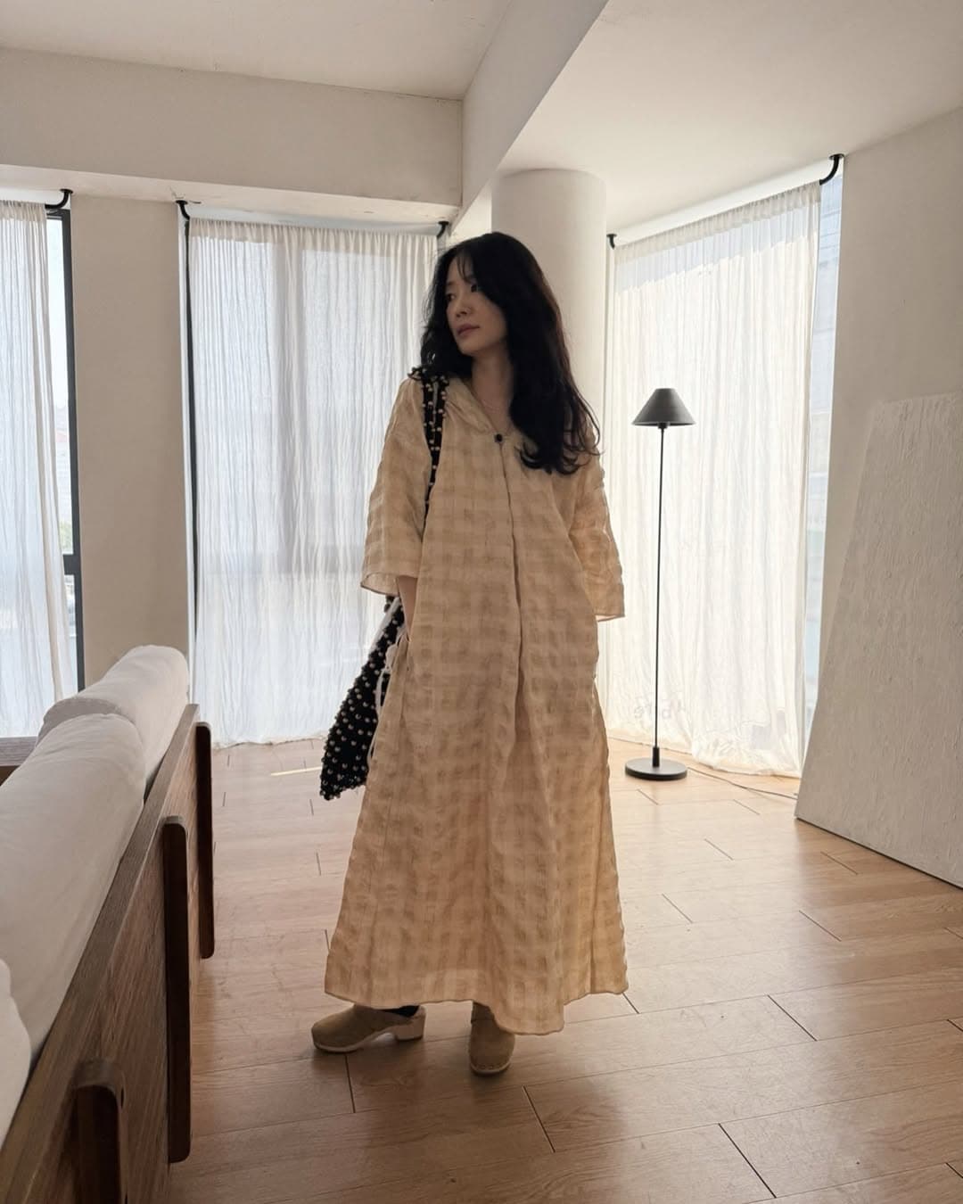 있음 선적 chic 다용도 작은 대중 패션 루즈핏 V넥 체크무늬 드레스 상세 이미지 1