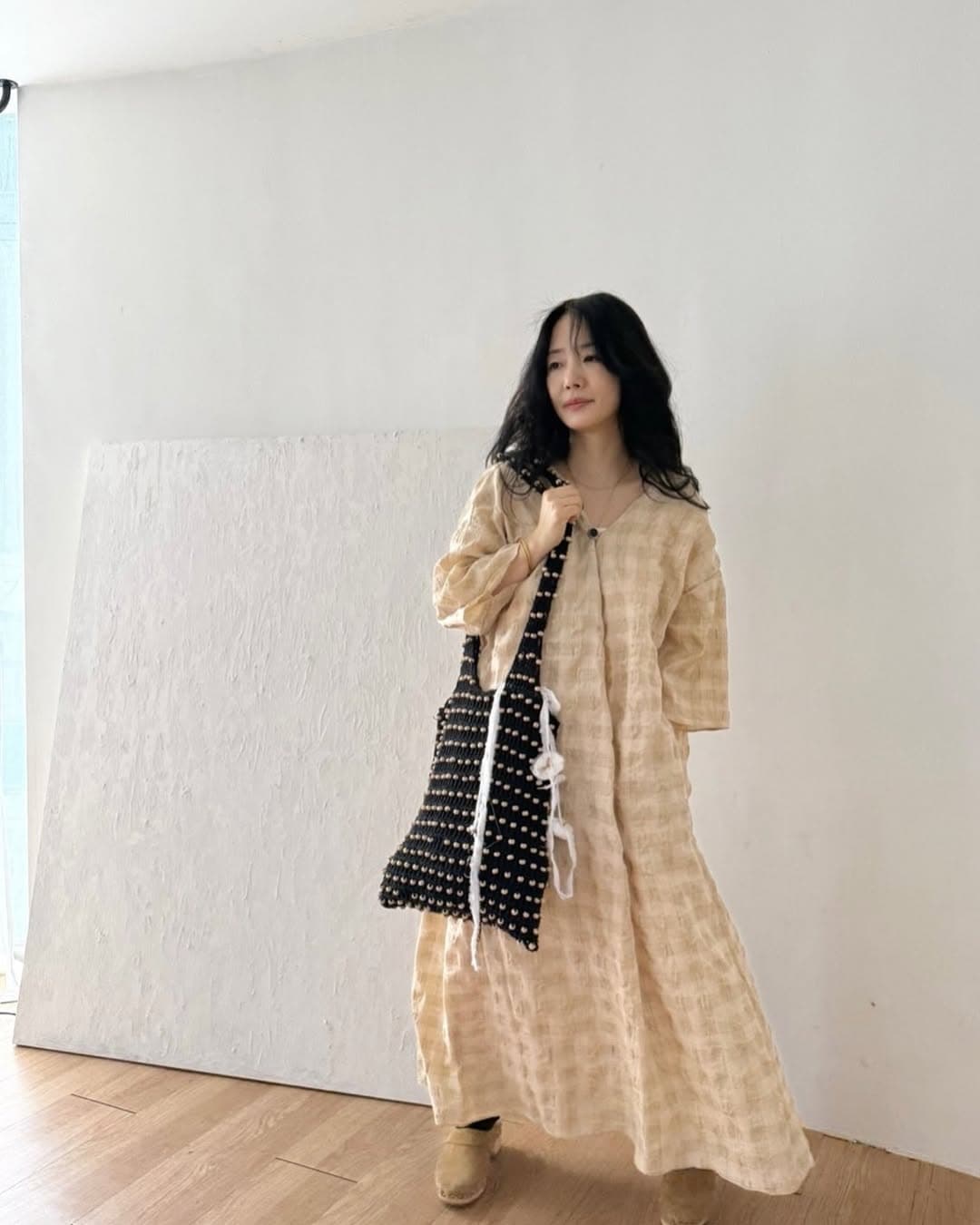있음 선적 chic 다용도 작은 대중 패션 루즈핏 V넥 체크무늬 드레스 상세 이미지 3