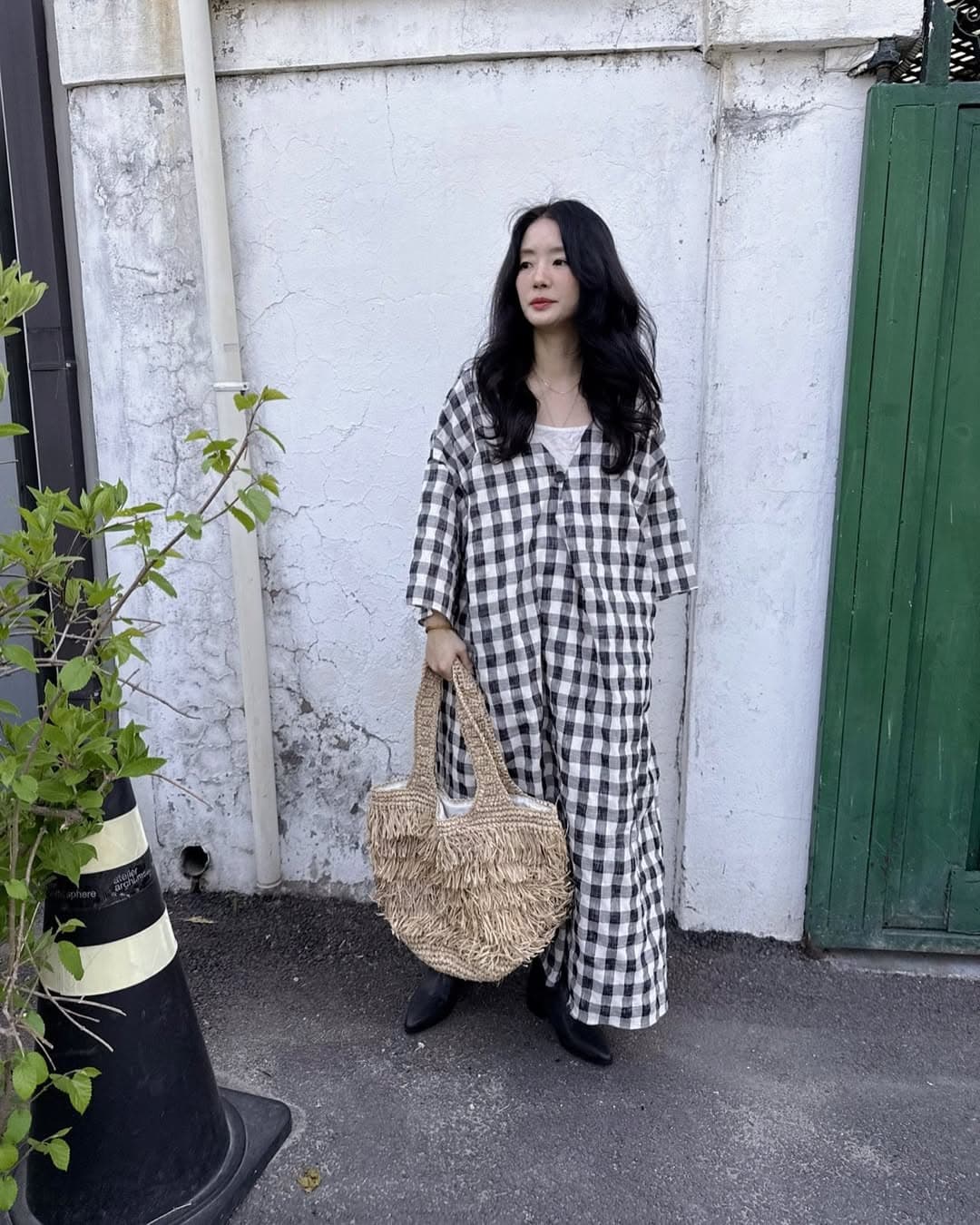 있음 선적 chic 다용도 작은 대중 패션 루즈핏 V넥 체크무늬 드레스 상세 이미지 7