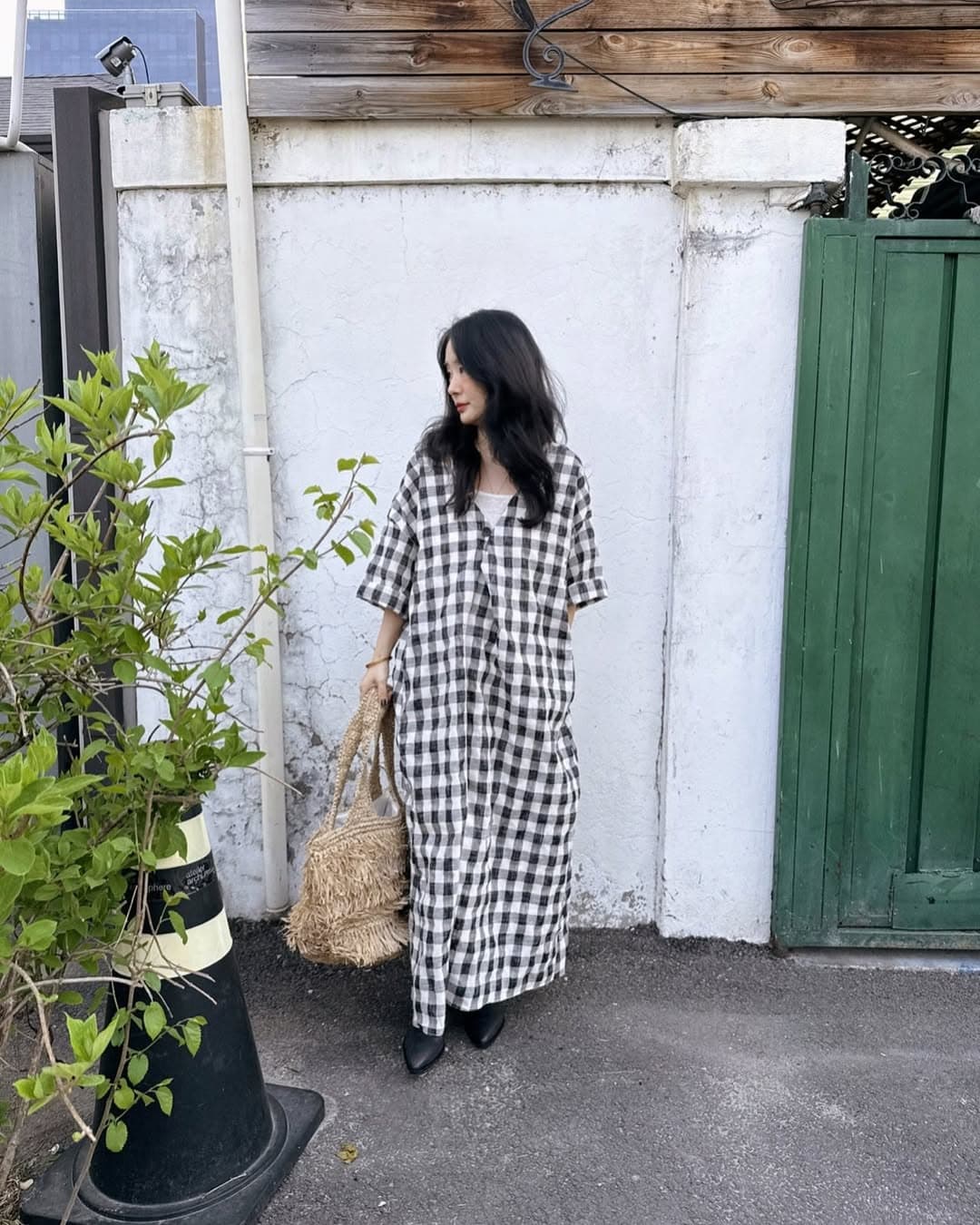 있음 선적 chic 다용도 작은 대중 패션 루즈핏 V넥 체크무늬 드레스 상세 이미지 9