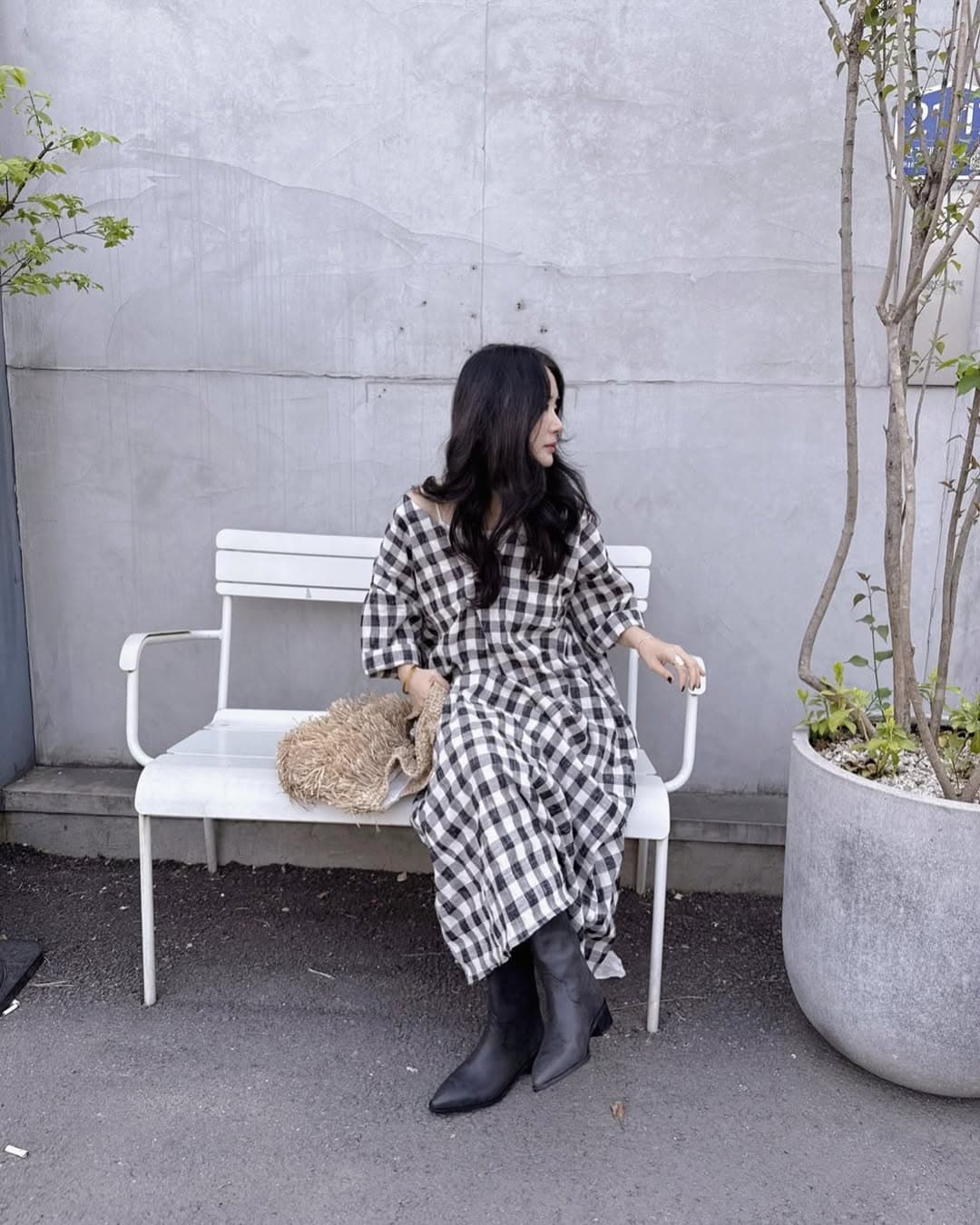 있음 선적 chic 다용도 작은 대중 패션 루즈핏 V넥 체크무늬 드레스 상세 이미지 10
