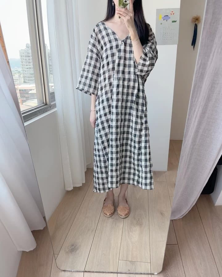 있음 선적 chic 다용도 작은 대중 패션 루즈핏 V넥 체크무늬 드레스 상세 이미지 12