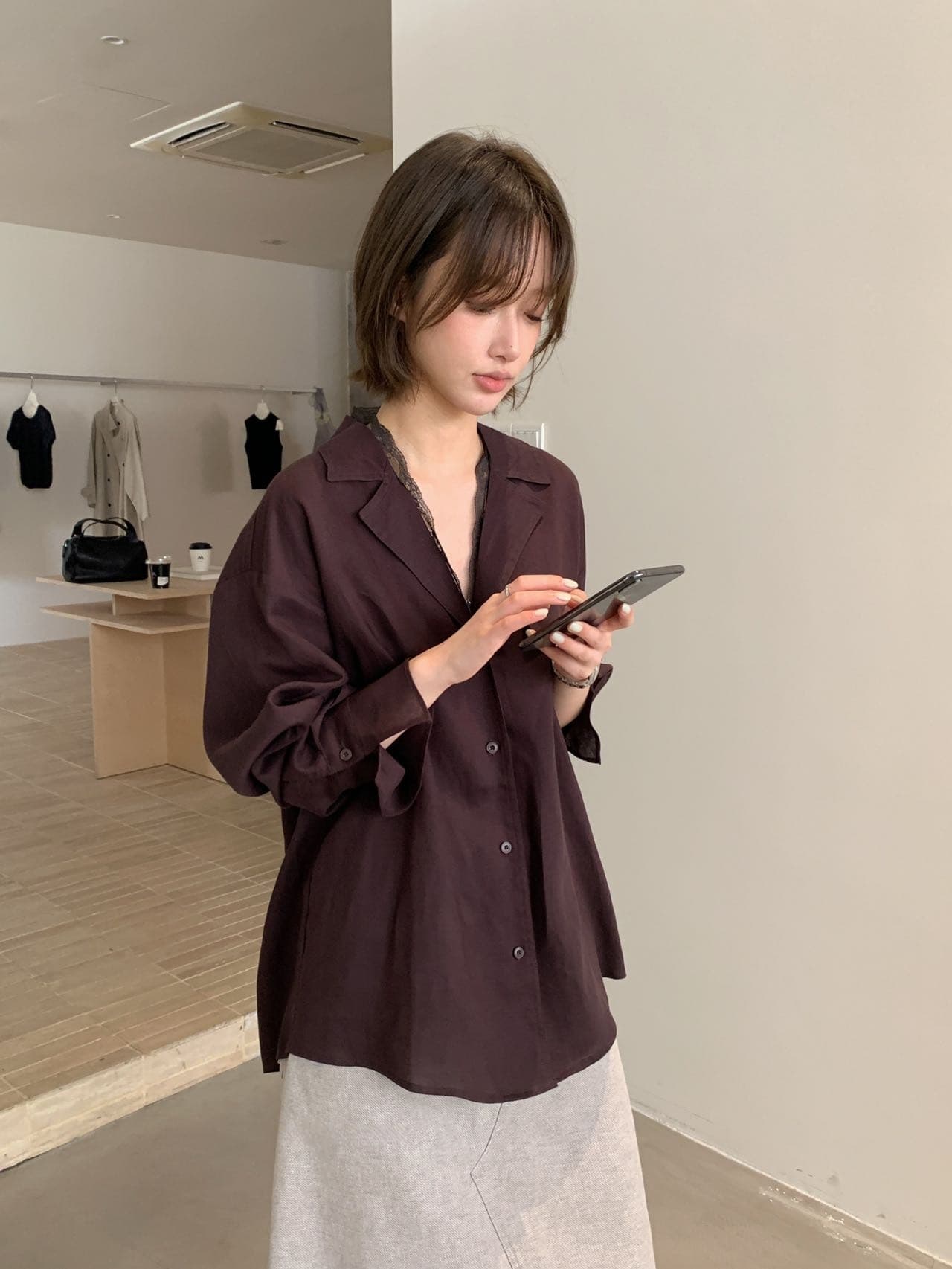 있음 선적 다용도 달콤함 정장 칼라 싱글 줄 버튼 셔츠 상세 이미지 14