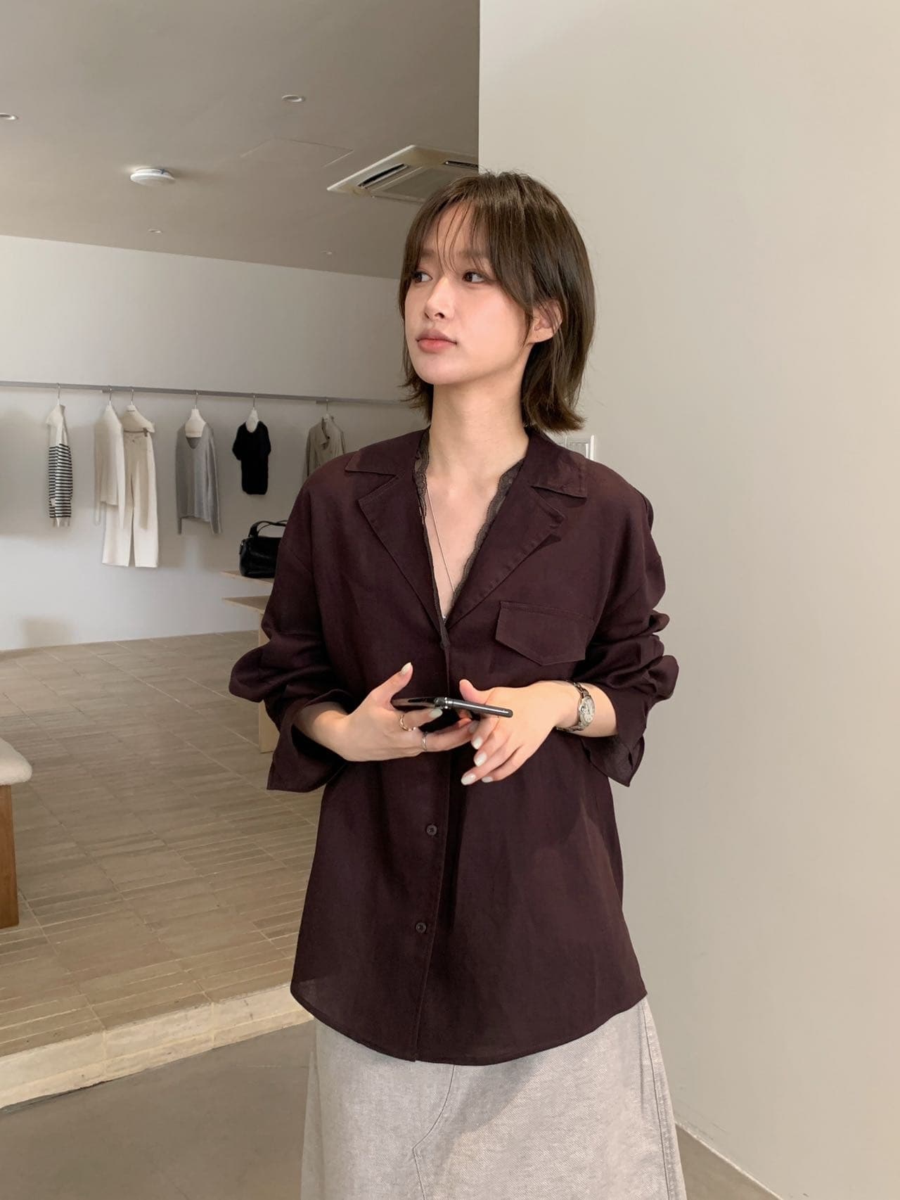 있음 선적 다용도 달콤함 정장 칼라 싱글 줄 버튼 셔츠 상세 이미지 20