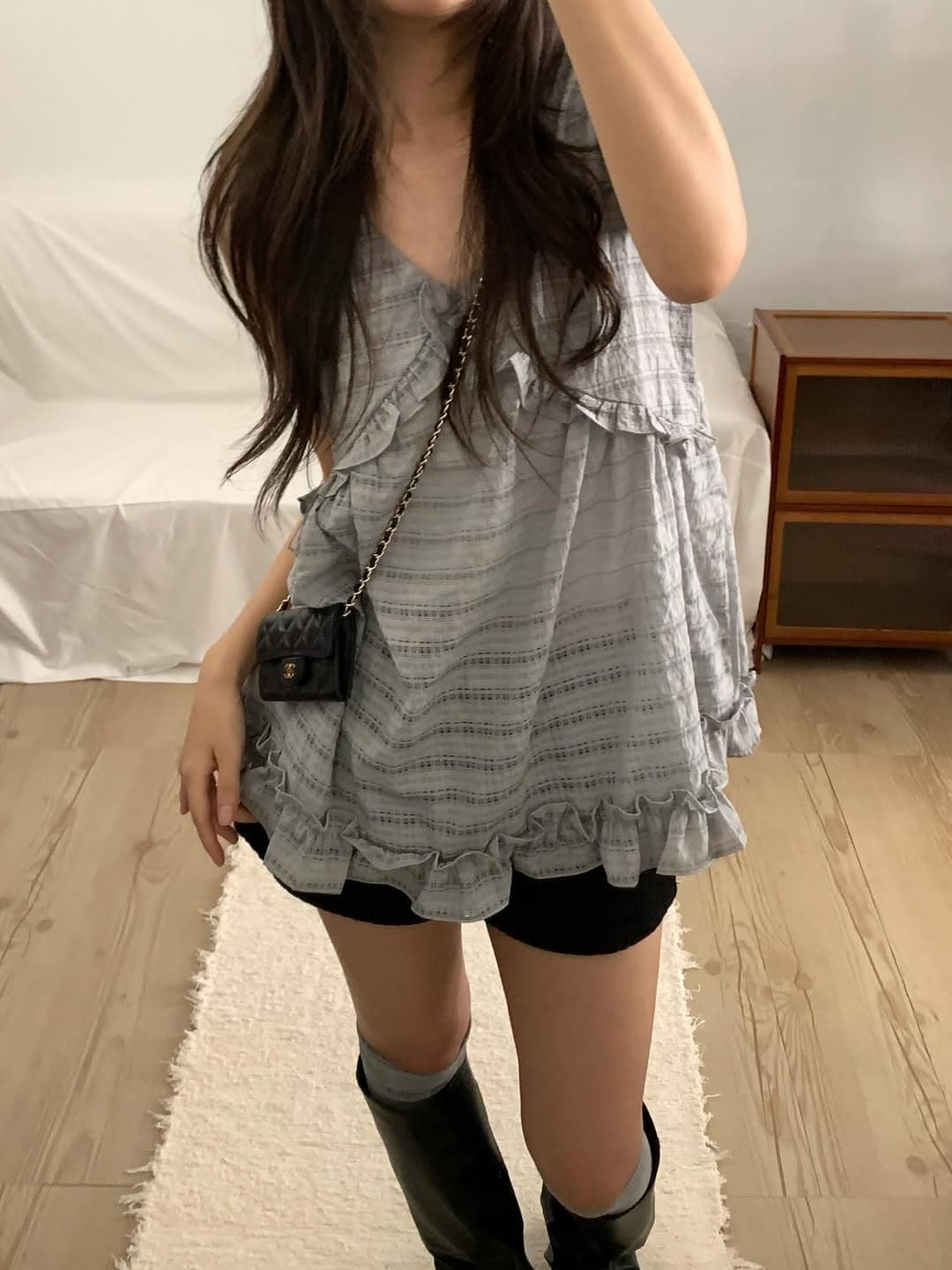 질감 센스 체크무늬 조끼 원피스 상세 이미지 3