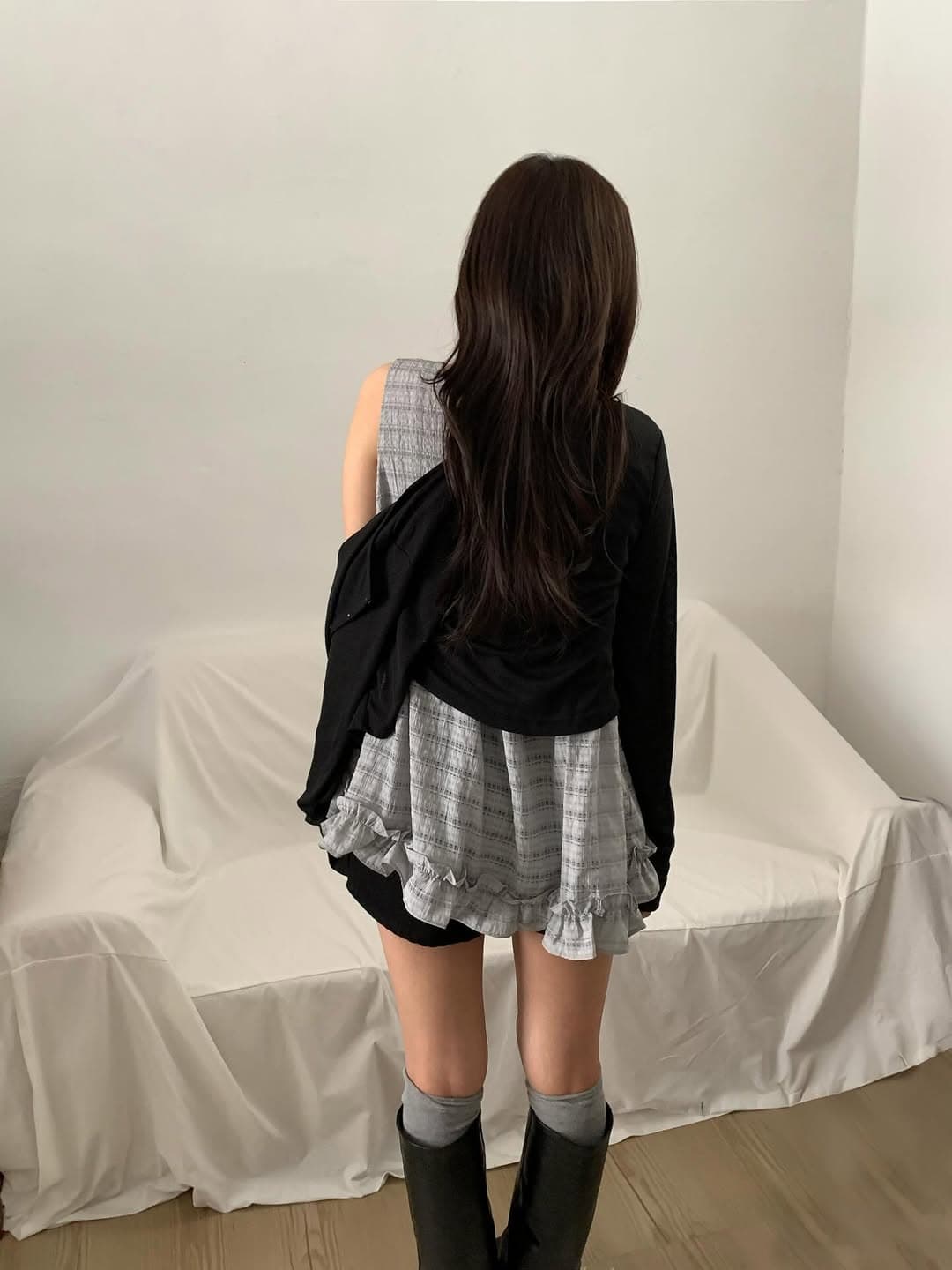 질감 센스 체크무늬 조끼 원피스 상세 이미지 8