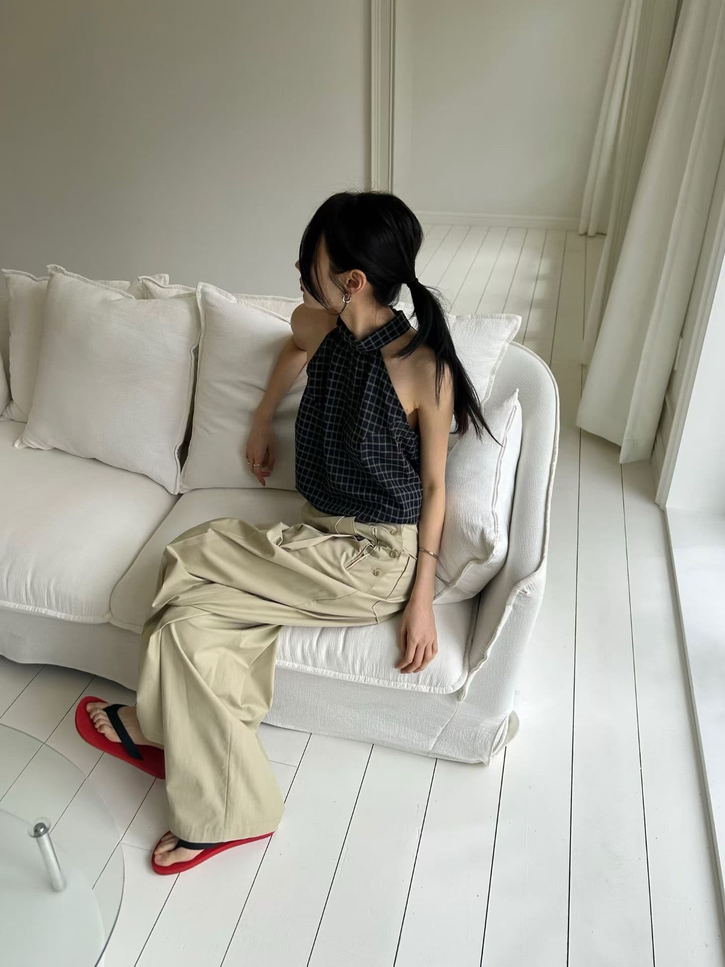 있음 선적 chic 다용도 체크무늬 행침 목 조끼 상세 이미지 7