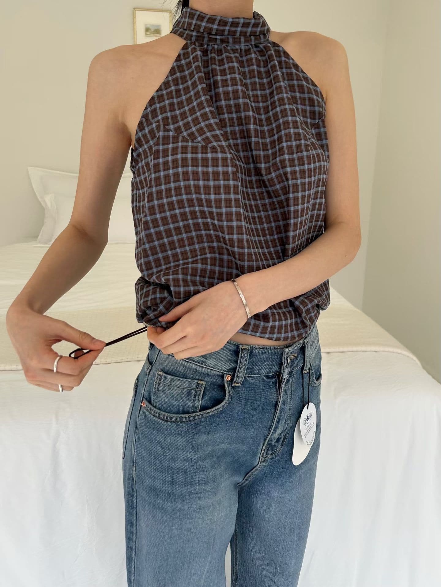 있음 선적 chic 다용도 체크무늬 행침 목 조끼 상세 이미지 13