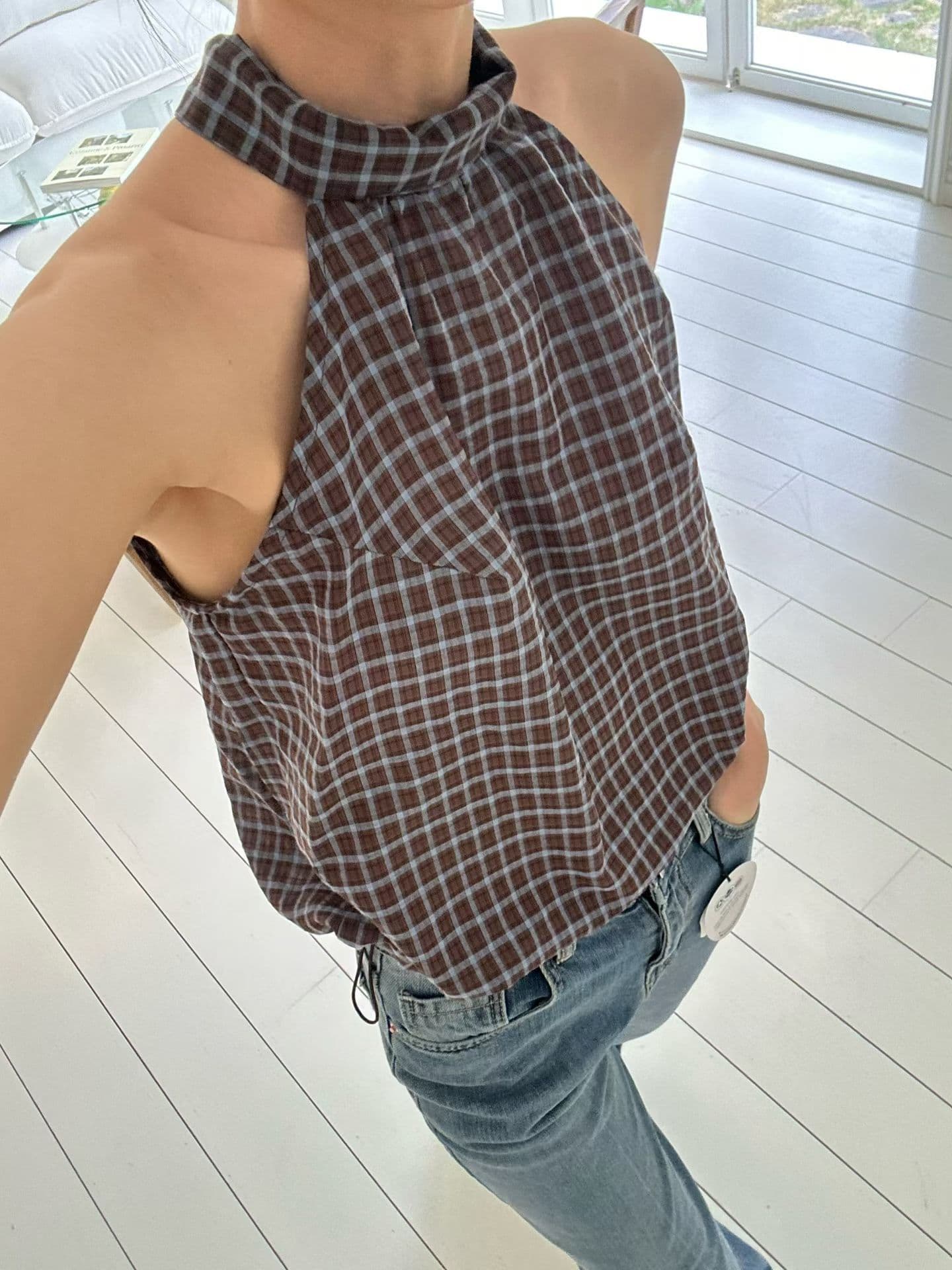 있음 선적 chic 다용도 체크무늬 행침 목 조끼 상세 이미지 17