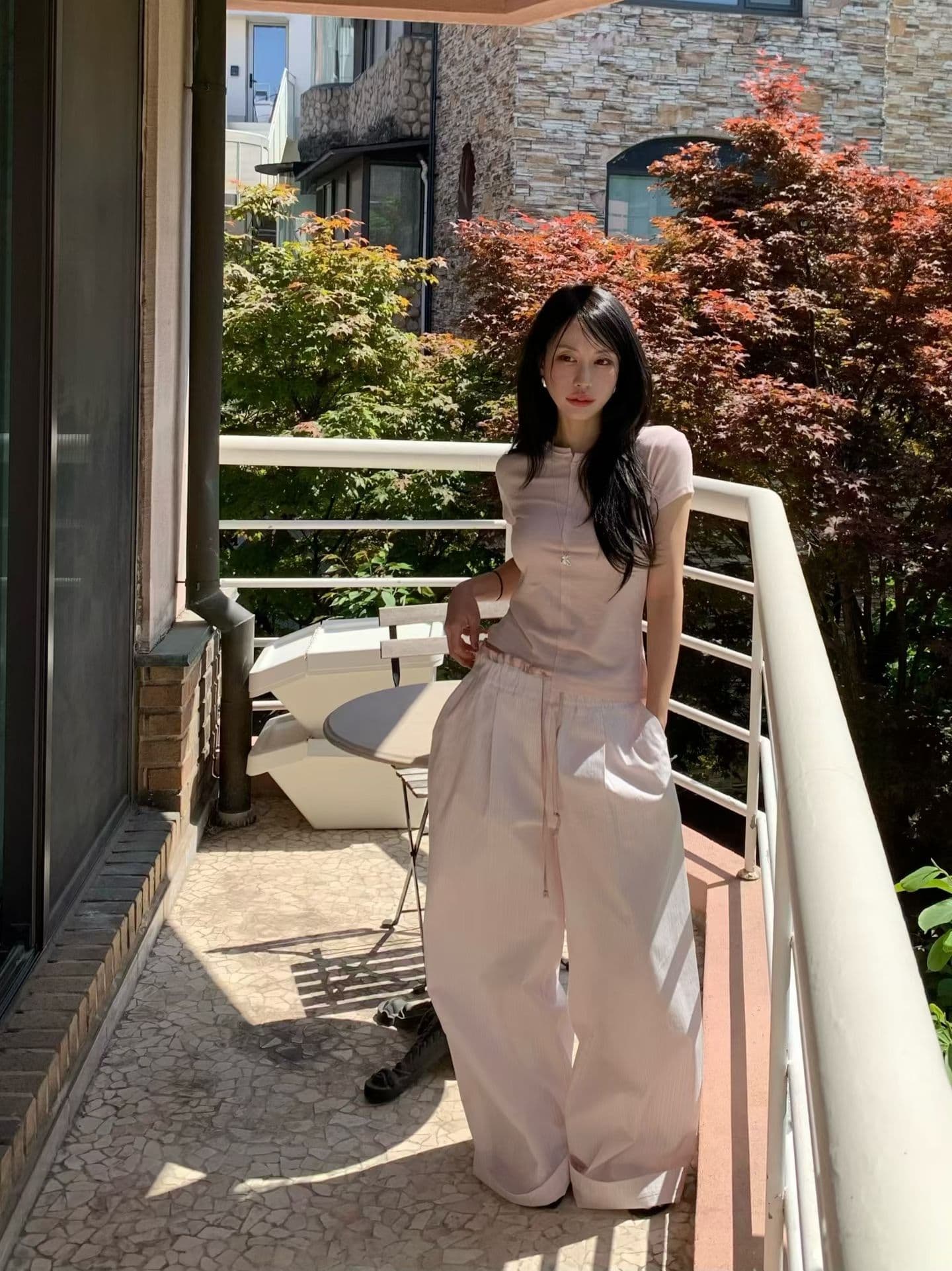 스트라이프 패치워크 캐주얼 와이드 레그 팬츠 허리밴드 이미지 4