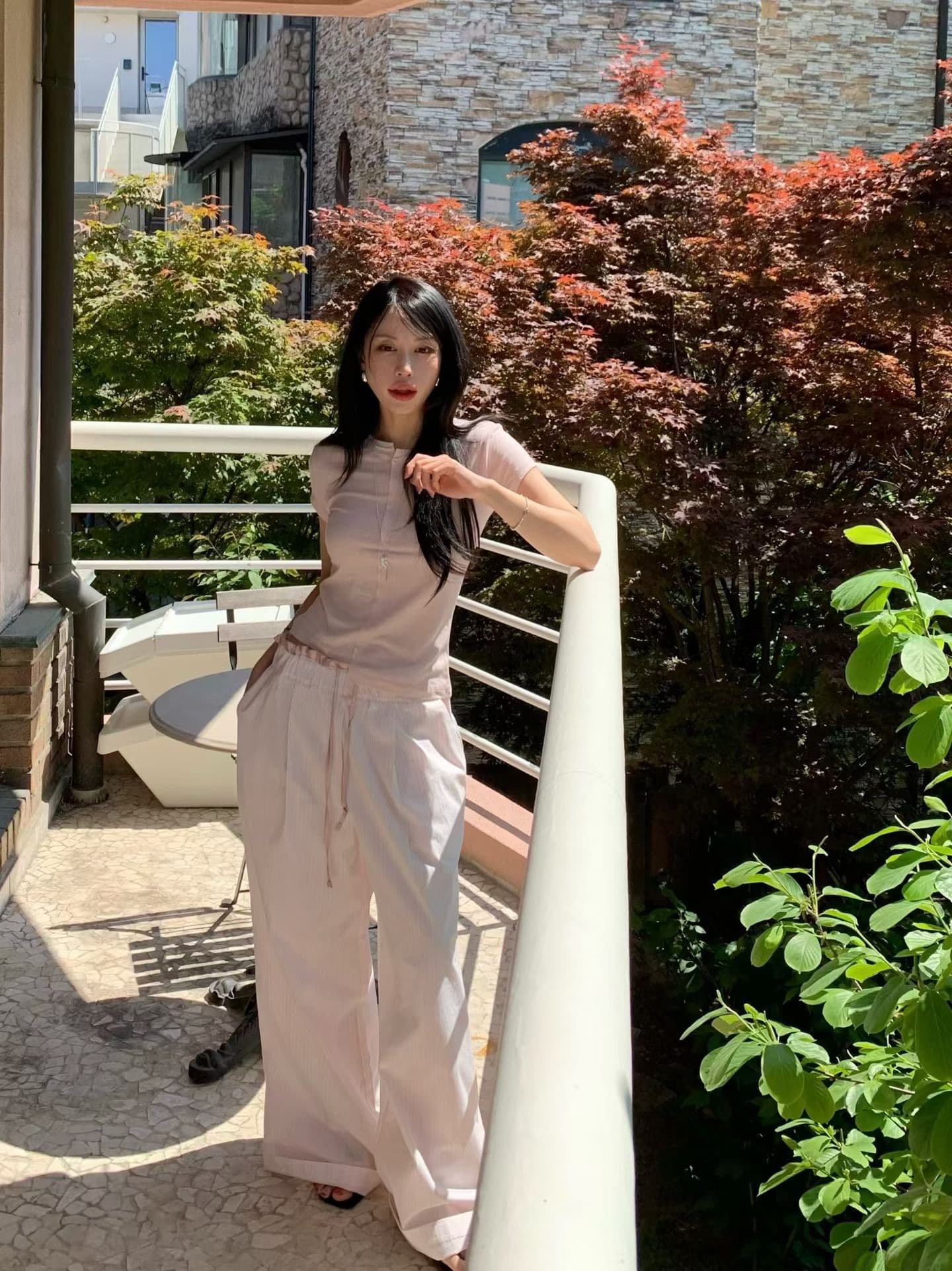 스트라이프 패치워크 캐주얼 와이드 레그 팬츠 허리밴드 상세 이미지 2