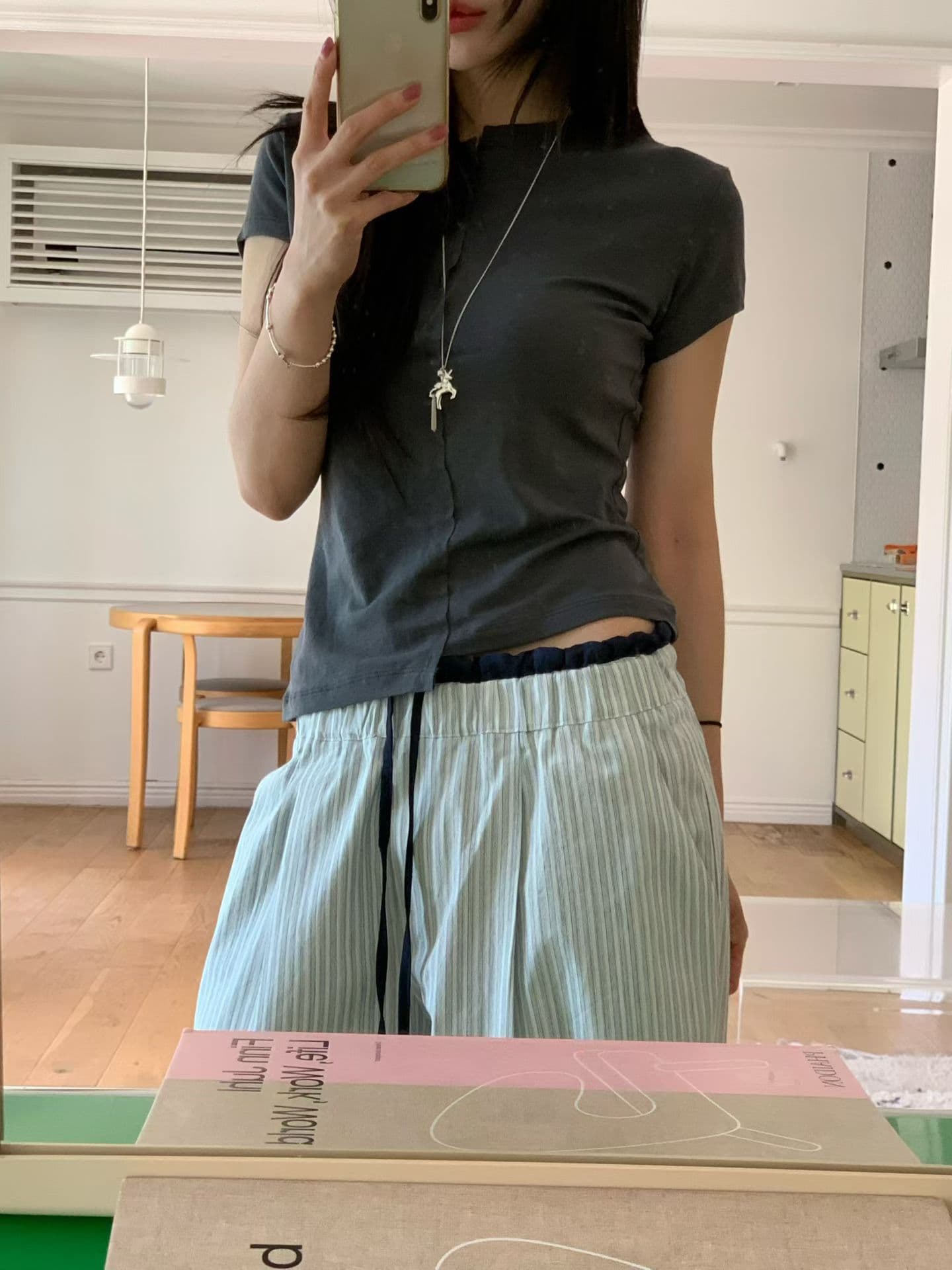 스트라이프 패치워크 캐주얼 와이드 레그 팬츠 허리밴드 상세 이미지 4