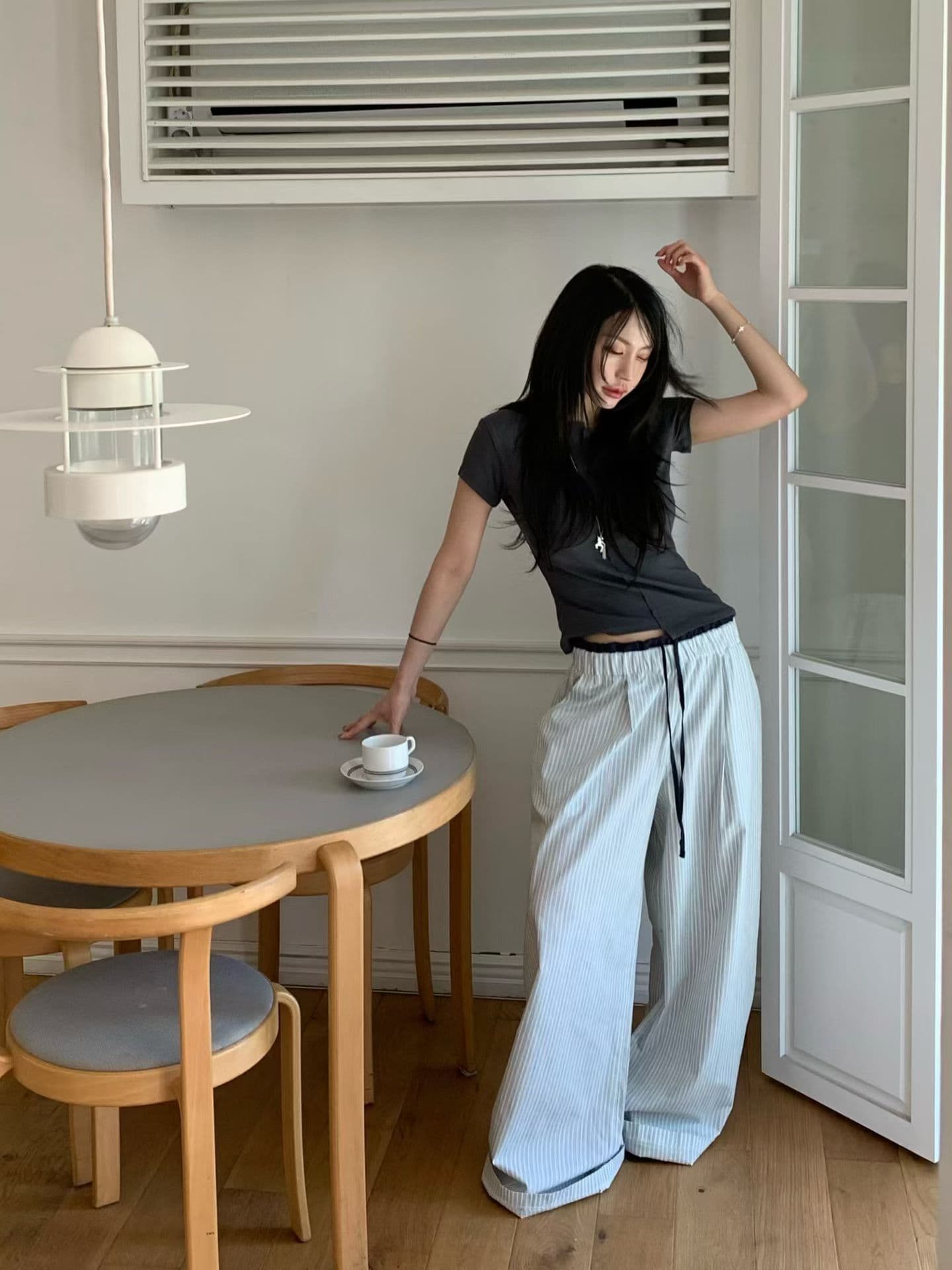 스트라이프 패치워크 캐주얼 와이드 레그 팬츠 허리밴드 상세 이미지 12