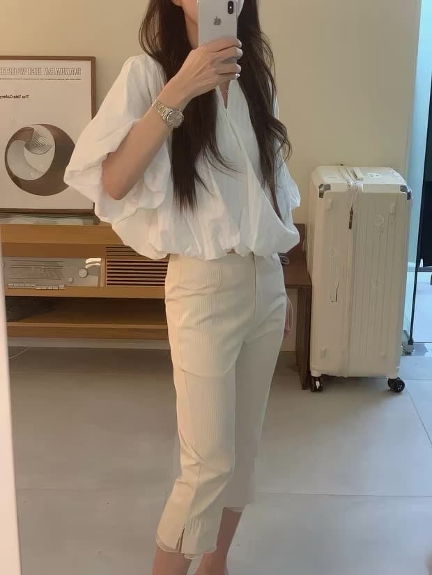 라운드 넥 자카드 꽃밭 반팔 맨위 싱글 줄 버튼 상세 이미지 5