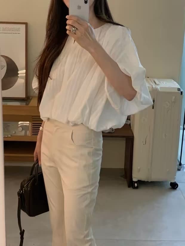 라운드 넥 자카드 꽃밭 반팔 맨위 싱글 줄 버튼 상세 이미지 6