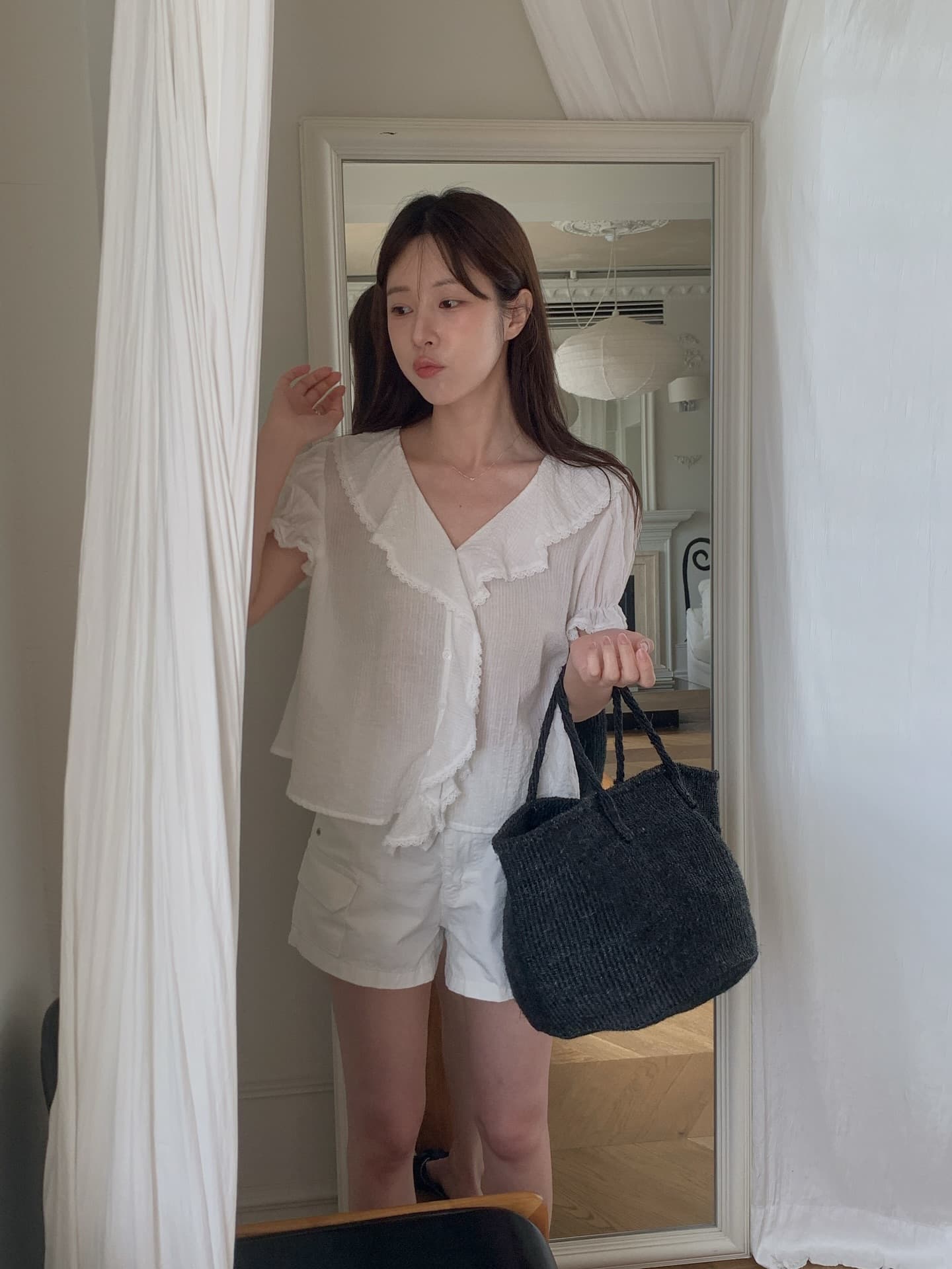 한 부서 폴로 칼라 프릴 싱글 줄 버튼 맨위 이미지 4