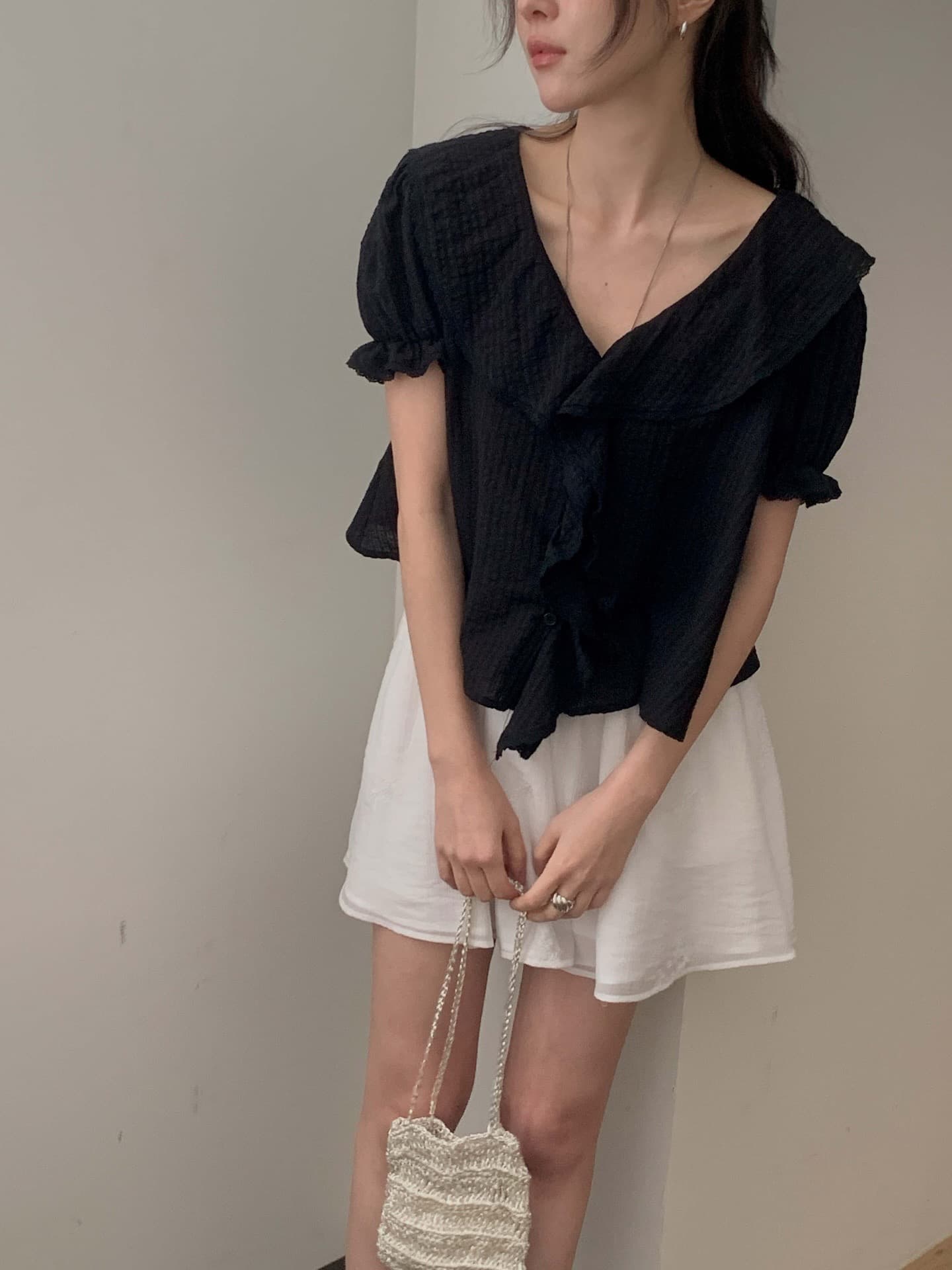 한 부서 폴로 칼라 프릴 싱글 줄 버튼 맨위 이미지 3