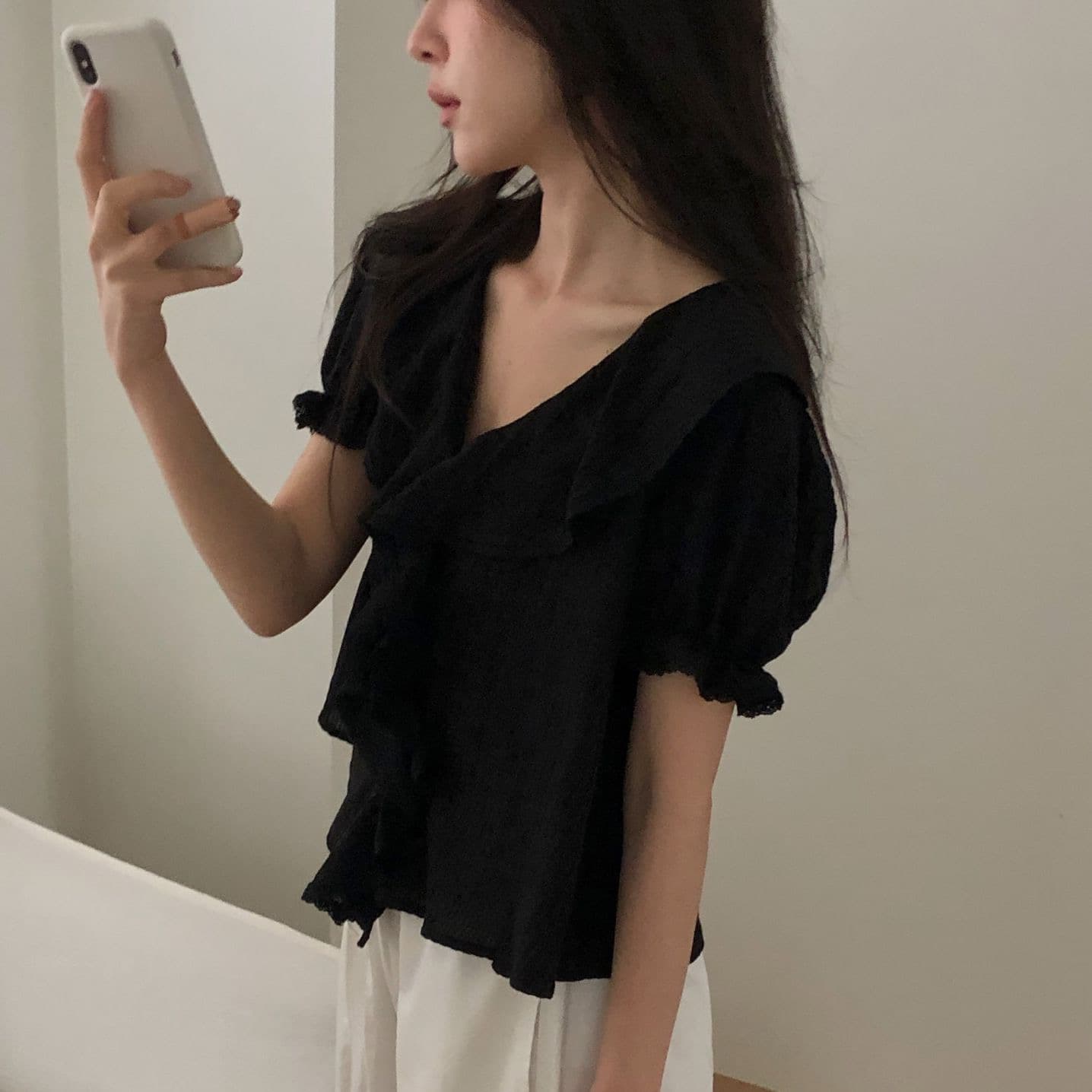 한 부서 폴로 칼라 프릴 싱글 줄 버튼 맨위 상세 이미지 12