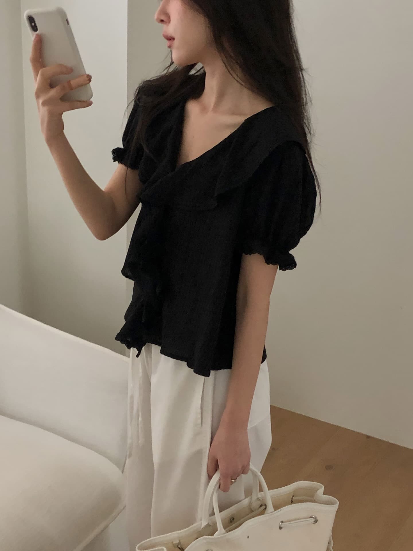 한 부서 폴로 칼라 프릴 싱글 줄 버튼 맨위 상세 이미지 17