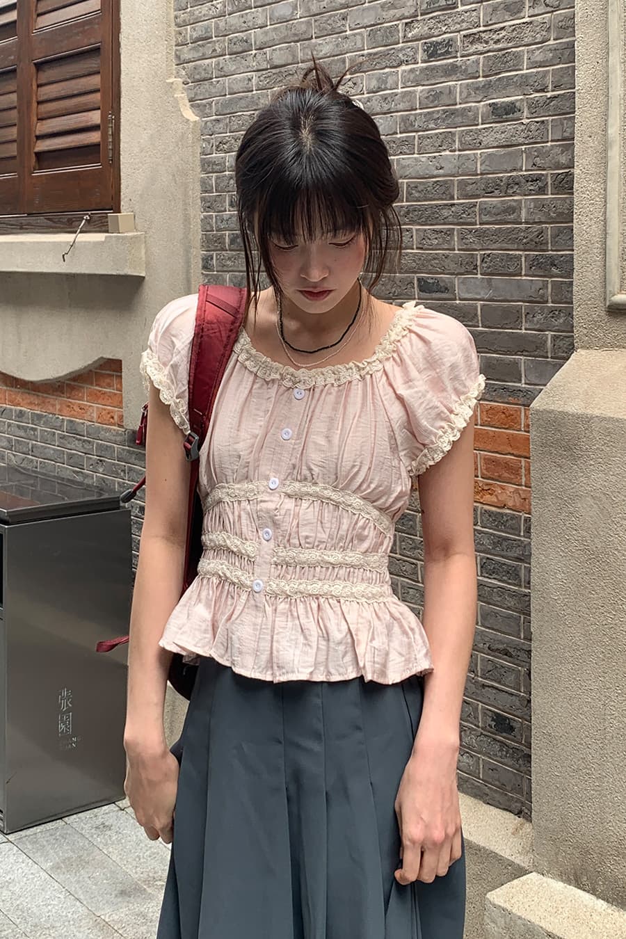 달콤함 패치워크 레이스 몸매 가꾸기 보트넥 맨위 이미지 3