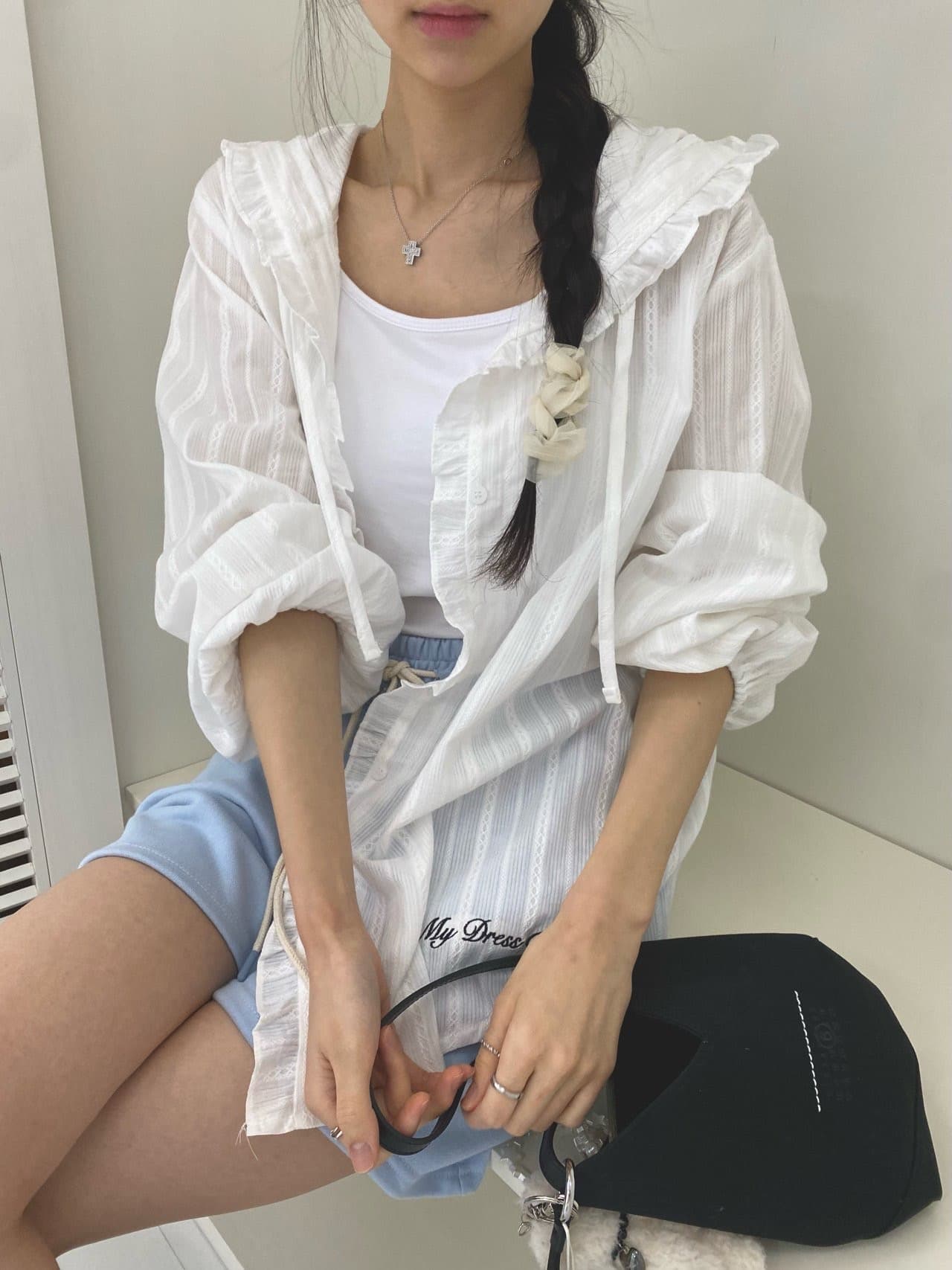 자카드 후드 프릴 장식 재킷