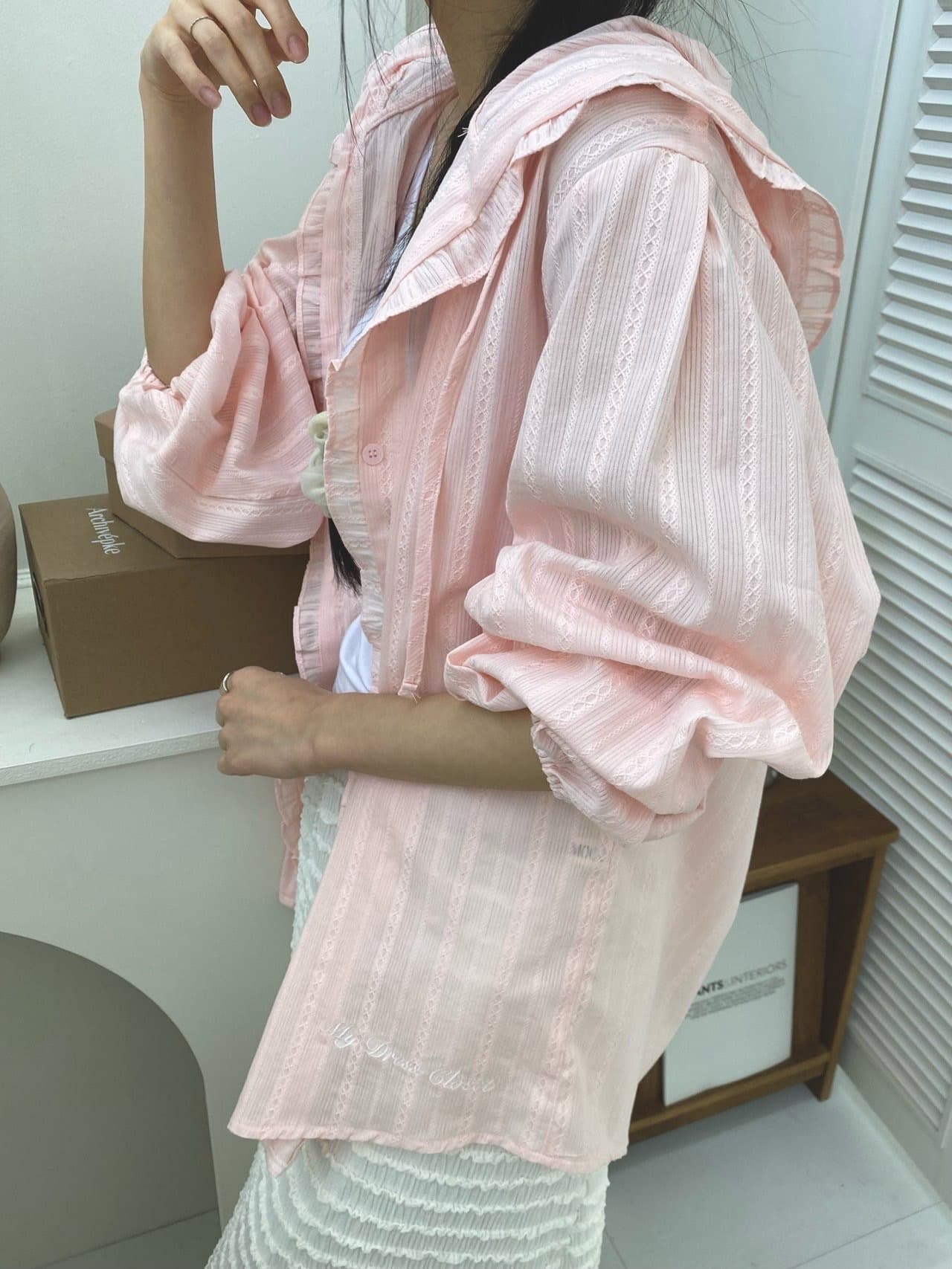 자카드 후드 프릴 장식 재킷 상세 이미지 6