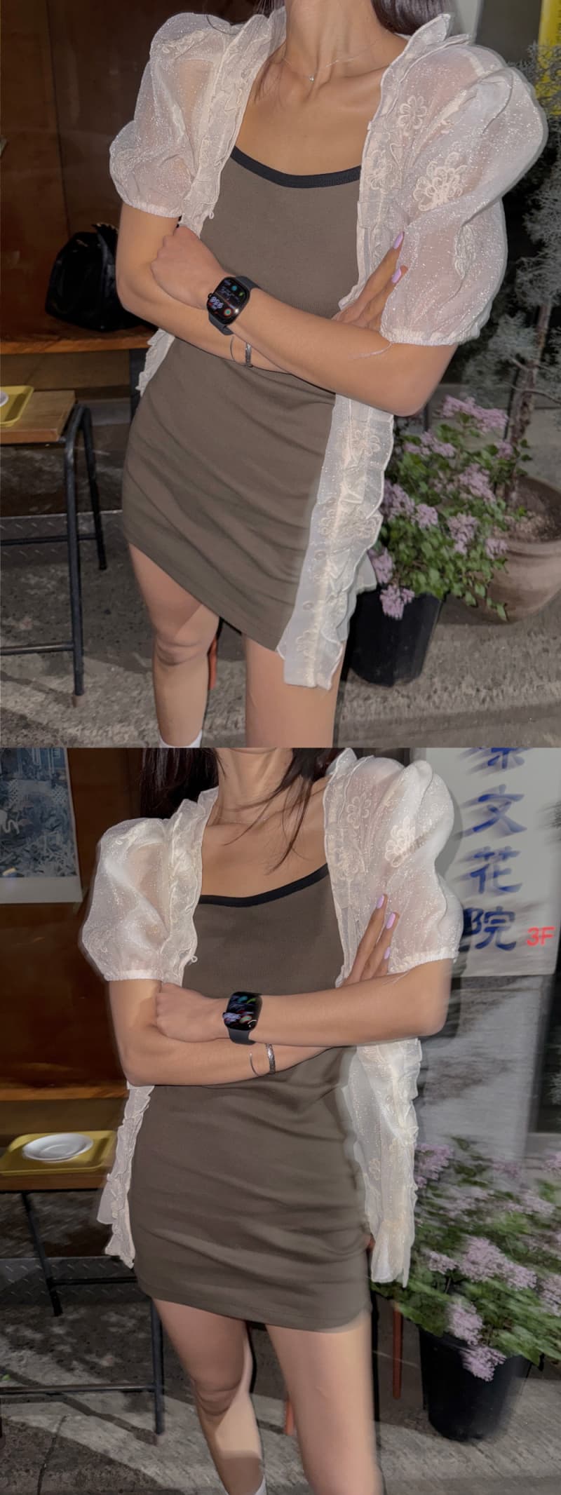 프릴 장식 얇고 가벼운 자수 거품 소매 싱글 줄 버튼 맨위 상세 이미지 11
