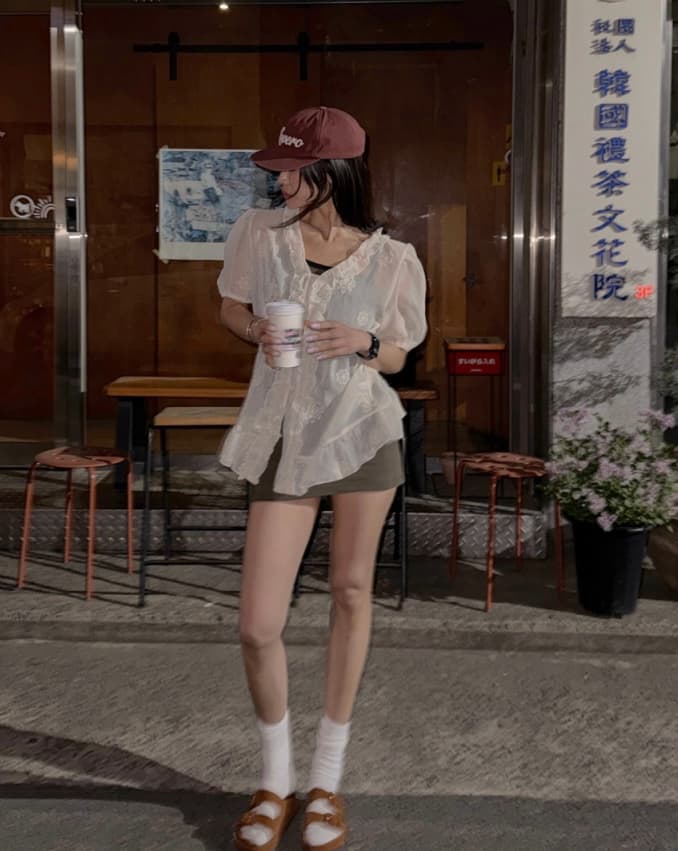 프릴 장식 얇고 가벼운 자수 거품 소매 싱글 줄 버튼 맨위 이미지 4