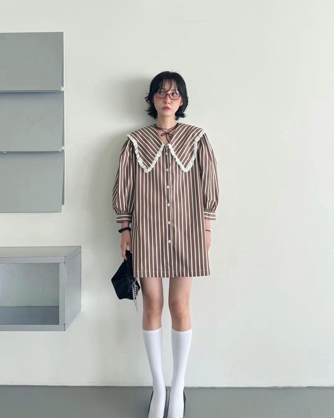 있음 선적 chic 다용도 작은 대중 스트라이프 폴로 칼라 연령 감소 셔츠 드레스 이미지 3