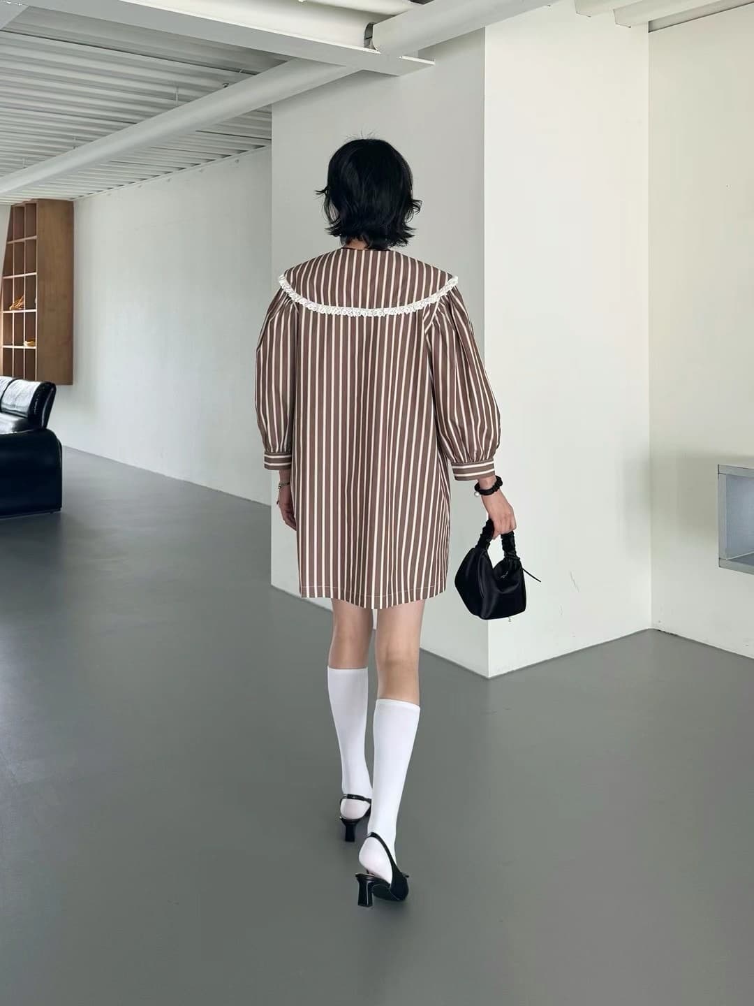 있음 선적 chic 다용도 작은 대중 스트라이프 폴로 칼라 연령 감소 셔츠 드레스 이미지 4